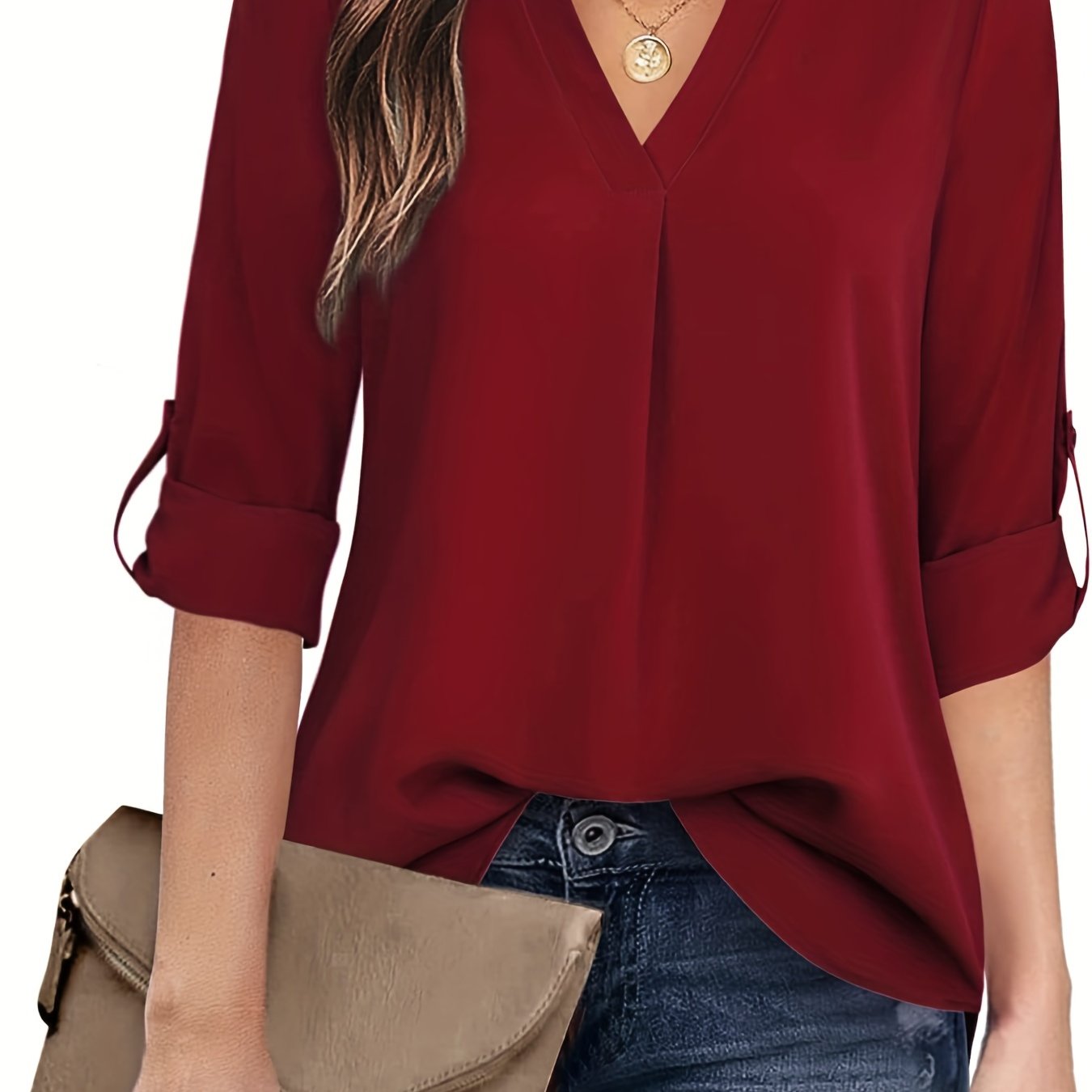 Sixsr Solid Simple Blouse, Casual V Neck Long Sleeve Blouse, Women's Clothing