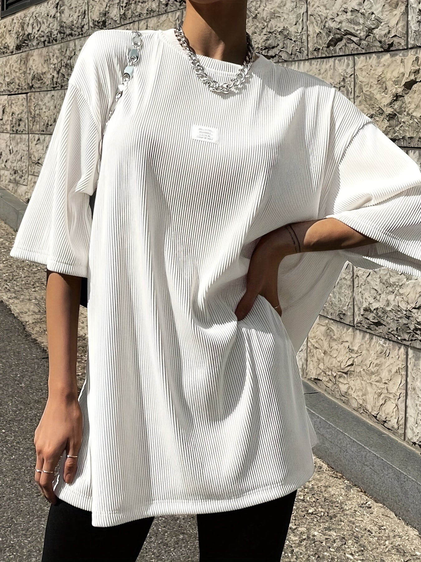 Sixsr Oversized Drop Shoulder Ribbed T-Shirt, Casual Crew Neck Short Sleeve T-Shirt For Spring & Summer, Women's Clothing