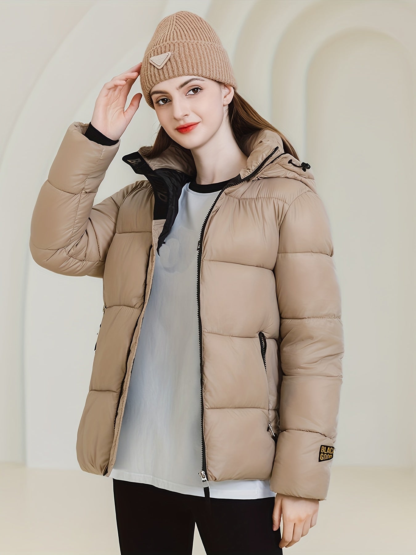 Sixsr Solid Zipper Front Hooded Coat, Versatile Long Sleeve Warm Winter Outwear, Women's Clothing