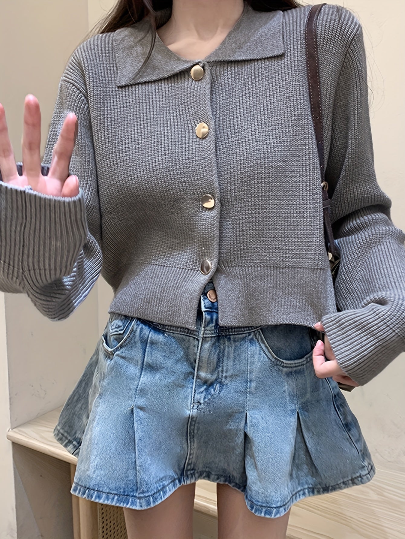 Sixsr Solid Button Up Knit Cardigan, Casual Turndown Collar Long Sleeve Sweater, Women's Clothing