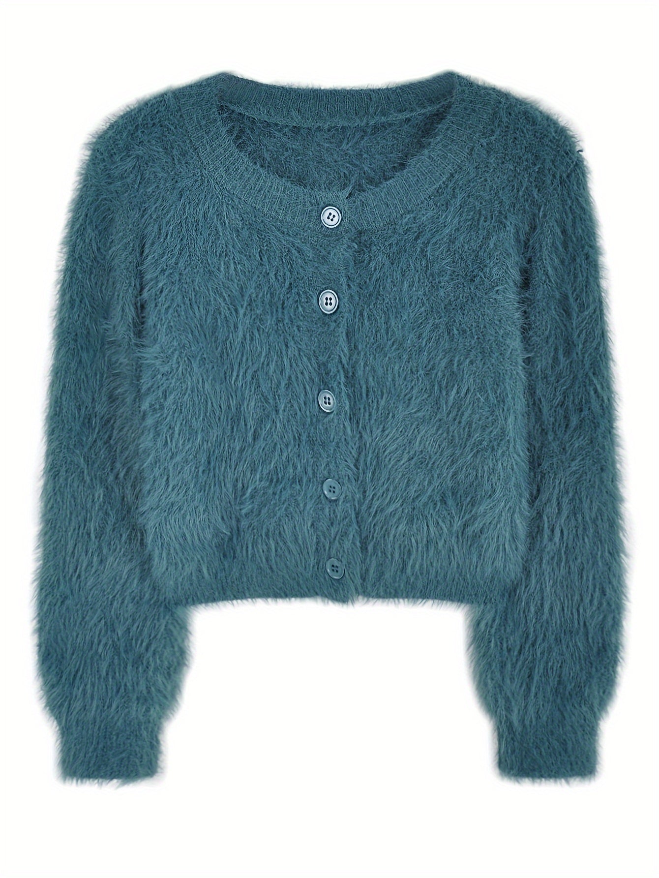 Sixsr Solid Color Button Front Cardigans Top, Casual Slim Fuzzy Long Sleeve Crop Top For Fall & Winter, Women's Clothing