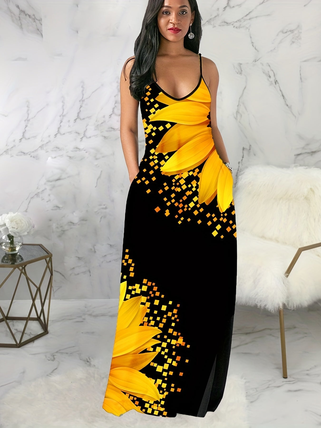 Sixsr Plus Size Casual Dress, Women's Plus Floral Print Cami Maxi Dress With Pockets