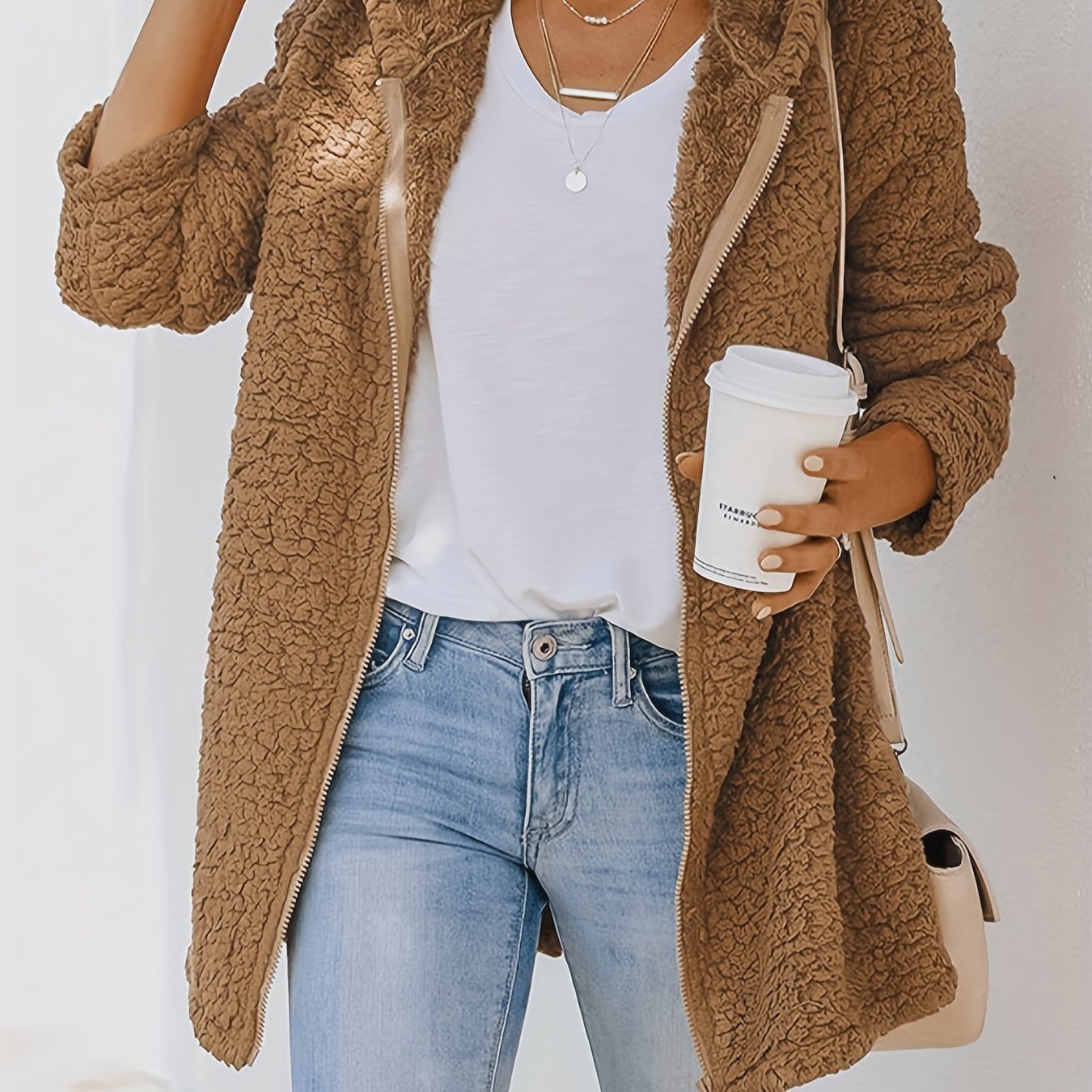Sixsr Plus Size Casual Coat, Women's Plus Solid Fluffy Long Sleeve Zip Up Hooded Teddy Coat