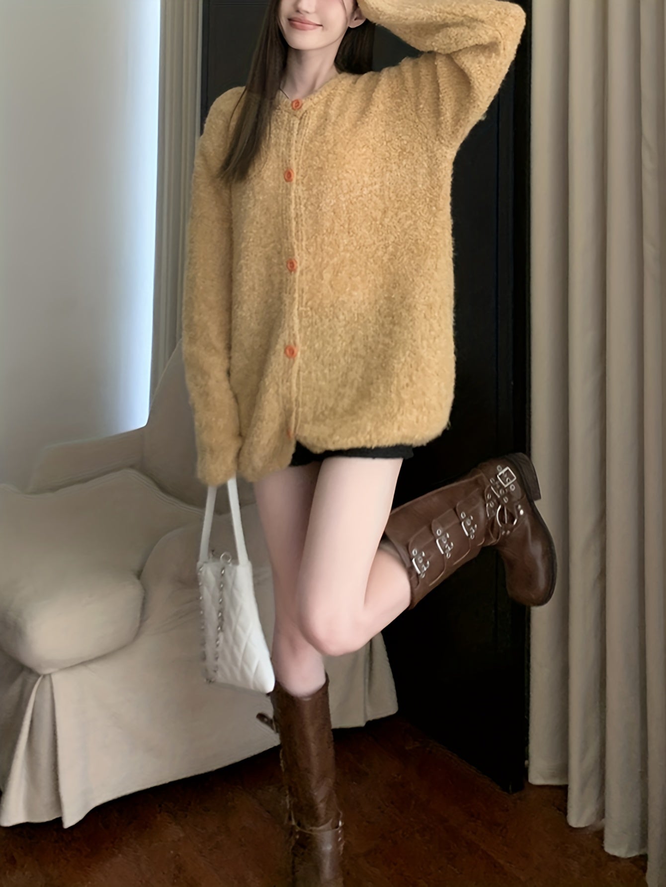 Sixsr Solid Button Down Knit Cardigan, Casual Long Sleeve Loose Slouchy Sweater, Women's Clothing