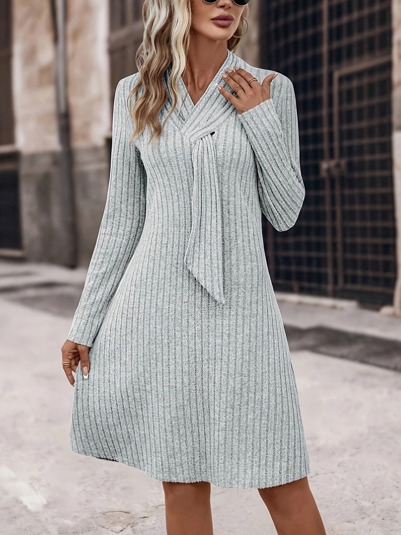Sixsr Solid Tie Decor Aline Dress, Elegant Long Sleeve Slim Dress For Spring & Fall, Women's Clothing