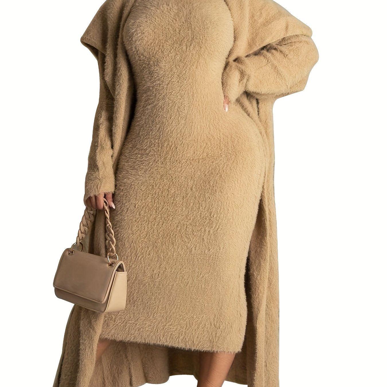 Elegant Two-piece Set - Open Front Cardigan & Bodycon Dress for Women - Stylish and Comfortable Outfit