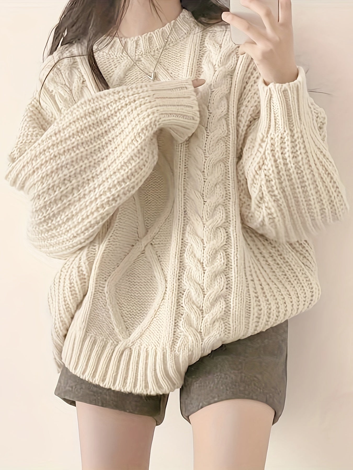 Sixsr Solid Cable Crew Neck Pullover Sweater, Elegant Long Sleeve Drop Shoulder Sweater, Women's Clothing