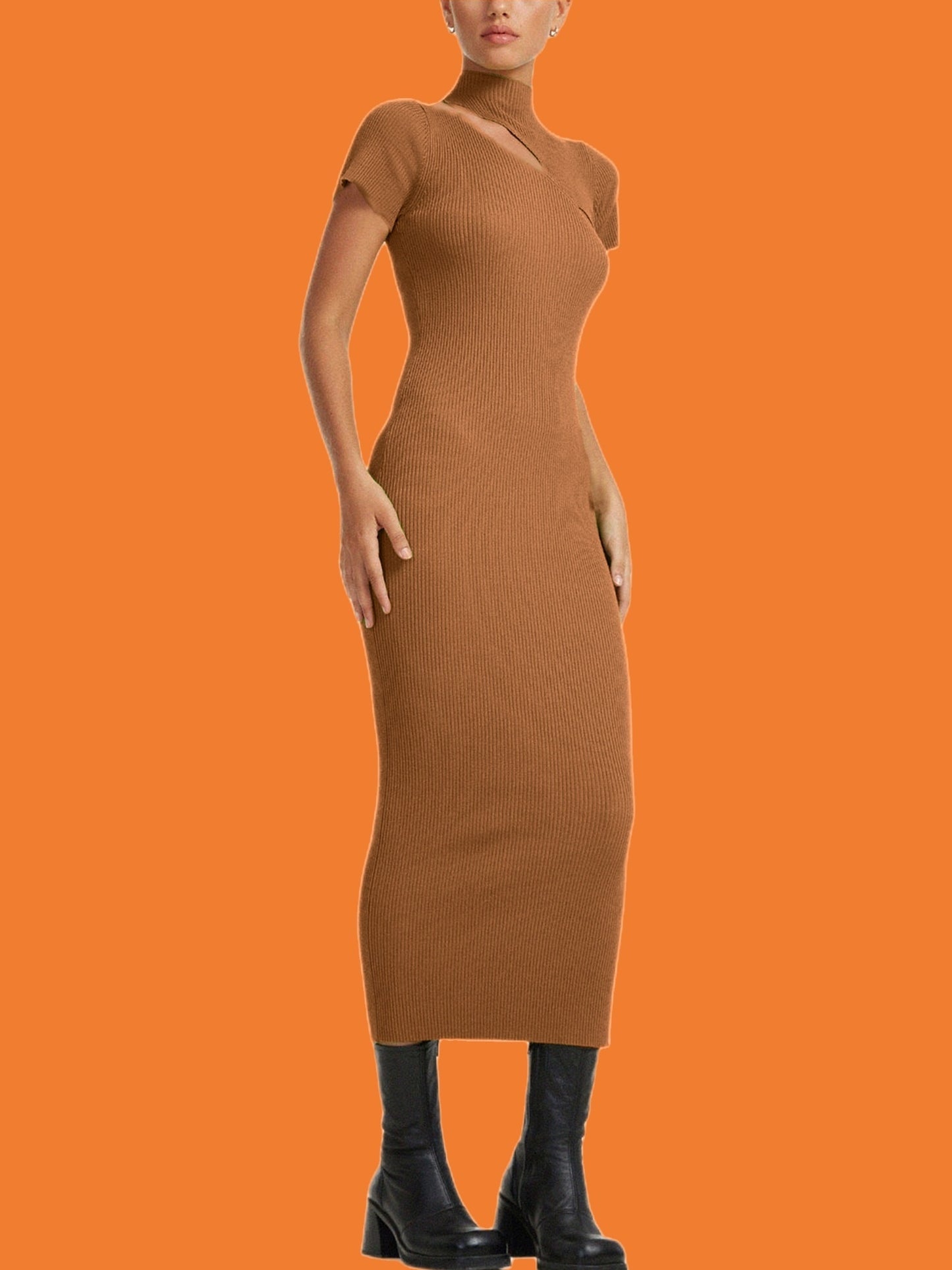 Sixsr Women's Dresses Sexy Casual Short Sleeve High Neck Hollowed Slim Fit Solid Bodycon Long Dress