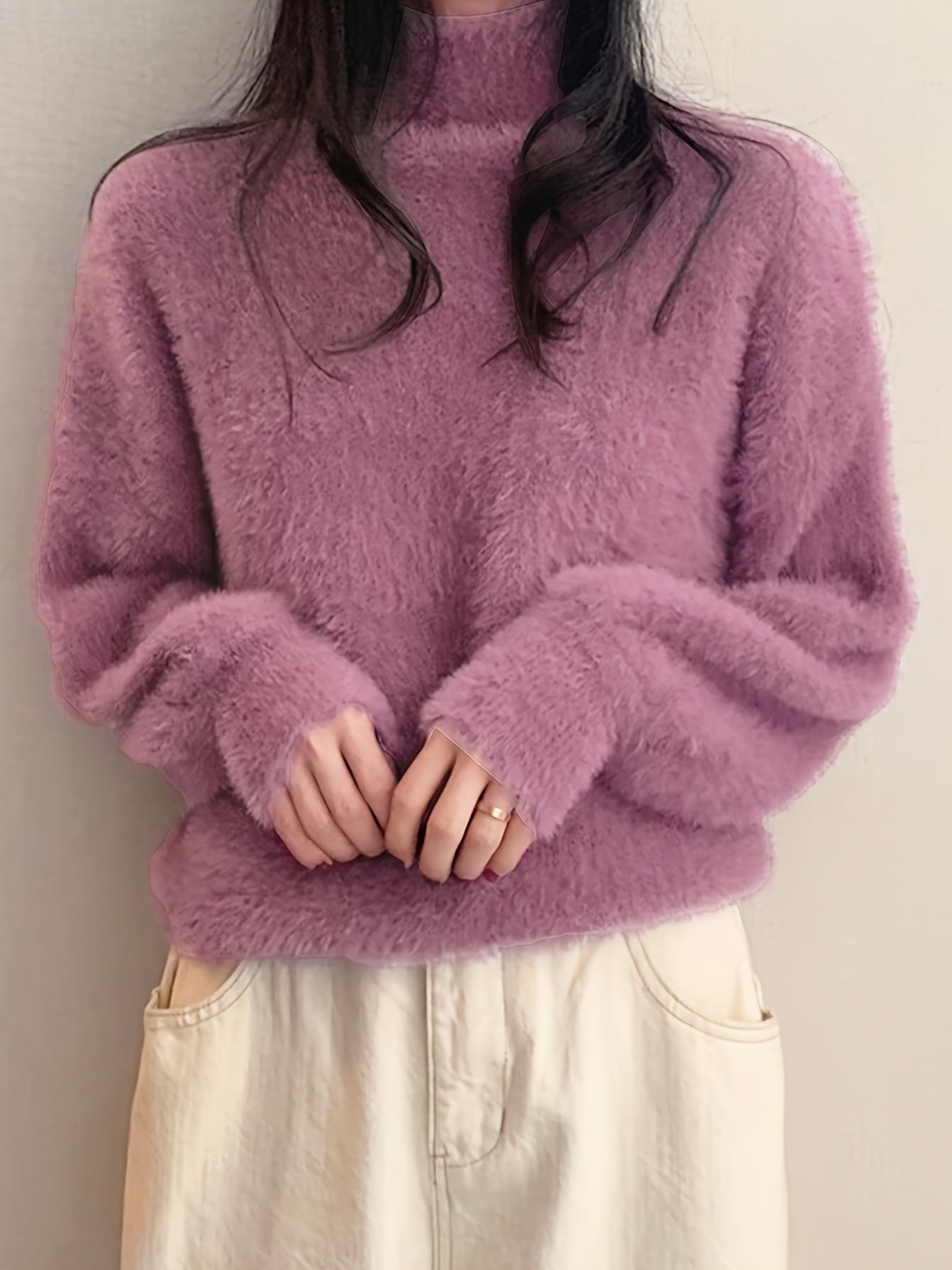 Sixsr Solid Mock Neck Plush Pullover Sweater, Casual Ong Sleeve Cozy Sweater, Women's Clothing