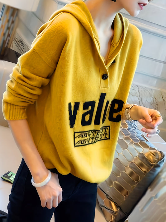 Sixsr Letter Pattern Button Hooded Sweater, Casual Long Sleeve Drop Shoulder Sweater For Fall & Winter, Women's Clothing