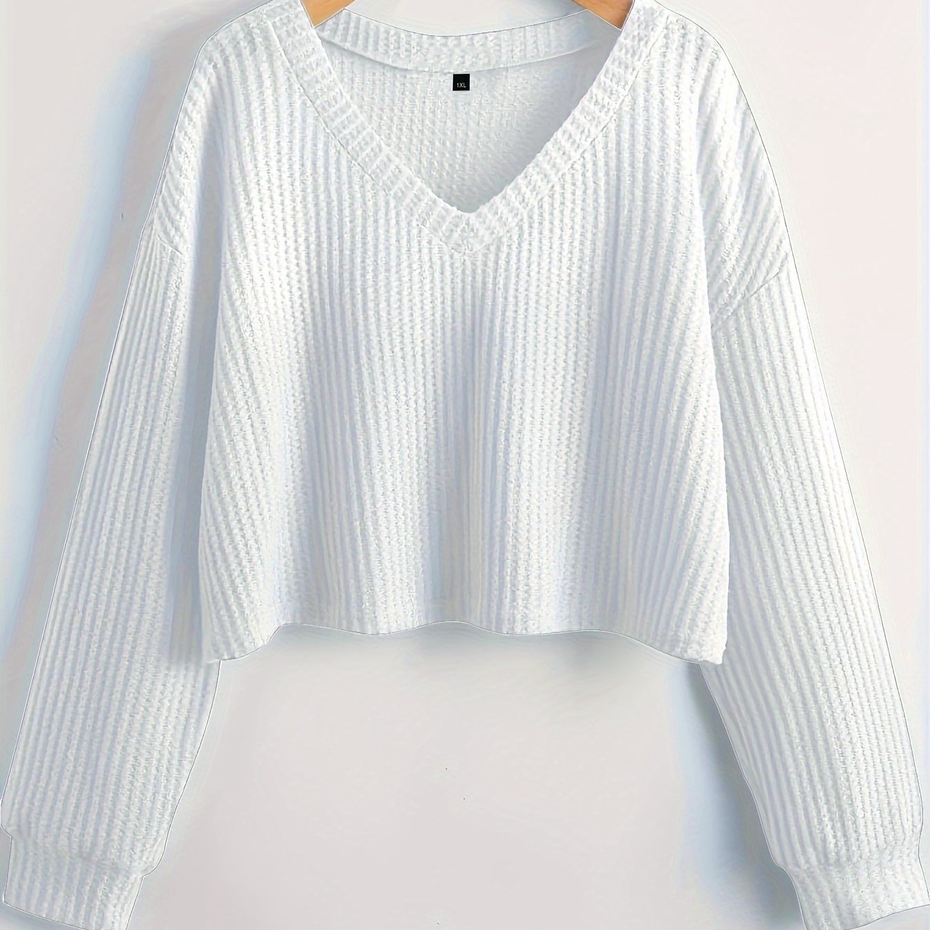 Sixsr Plus Size Waffle Pattern Heart Neck Long Sleeve Crop Tops, Women's Plus Knit High Stretch Casual Crop Tops