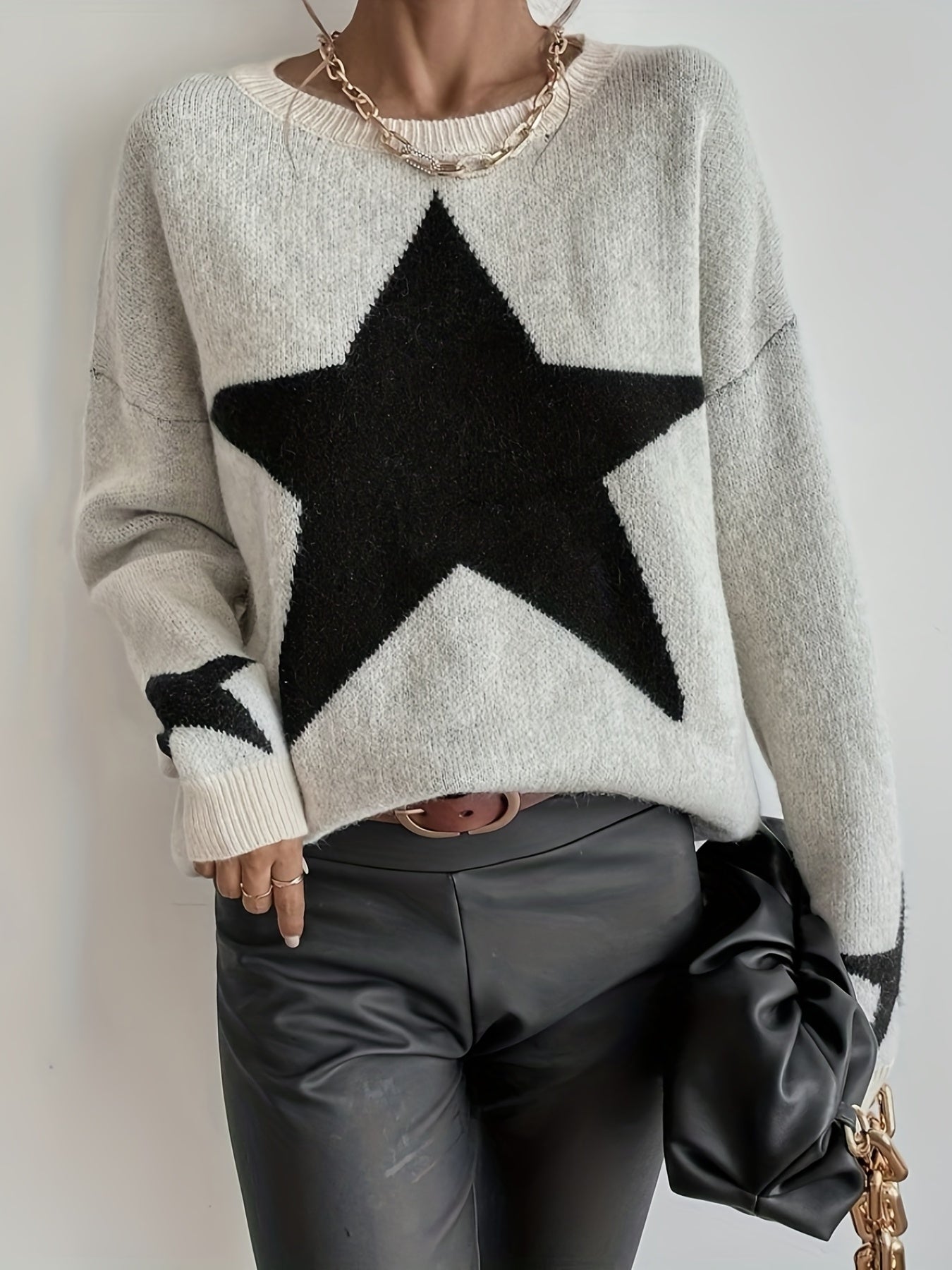 Sixsr Star Pattern Long Sleeve Sweater, Crew Neck Casual Sweater, Women's Clothing