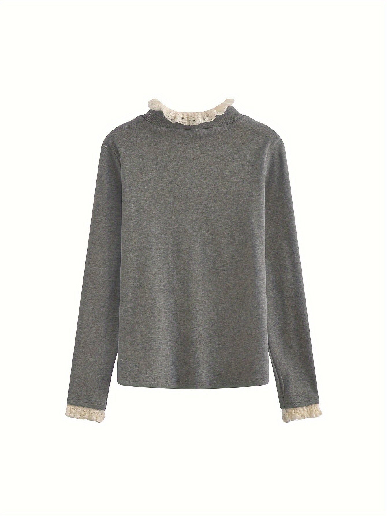 Sixsr Contrast Lace Mock Neck T-Shirt, Casual Long Sleeve T-Shirt For Spring & Fall, Women's Clothing