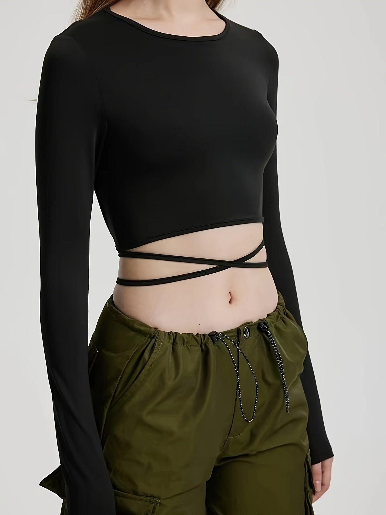 Sixsr Solid Cross Strap Mock Neck Crop T-Shirt, Casual Long Sleeve Top For Spring & Fall, Women's Clothing