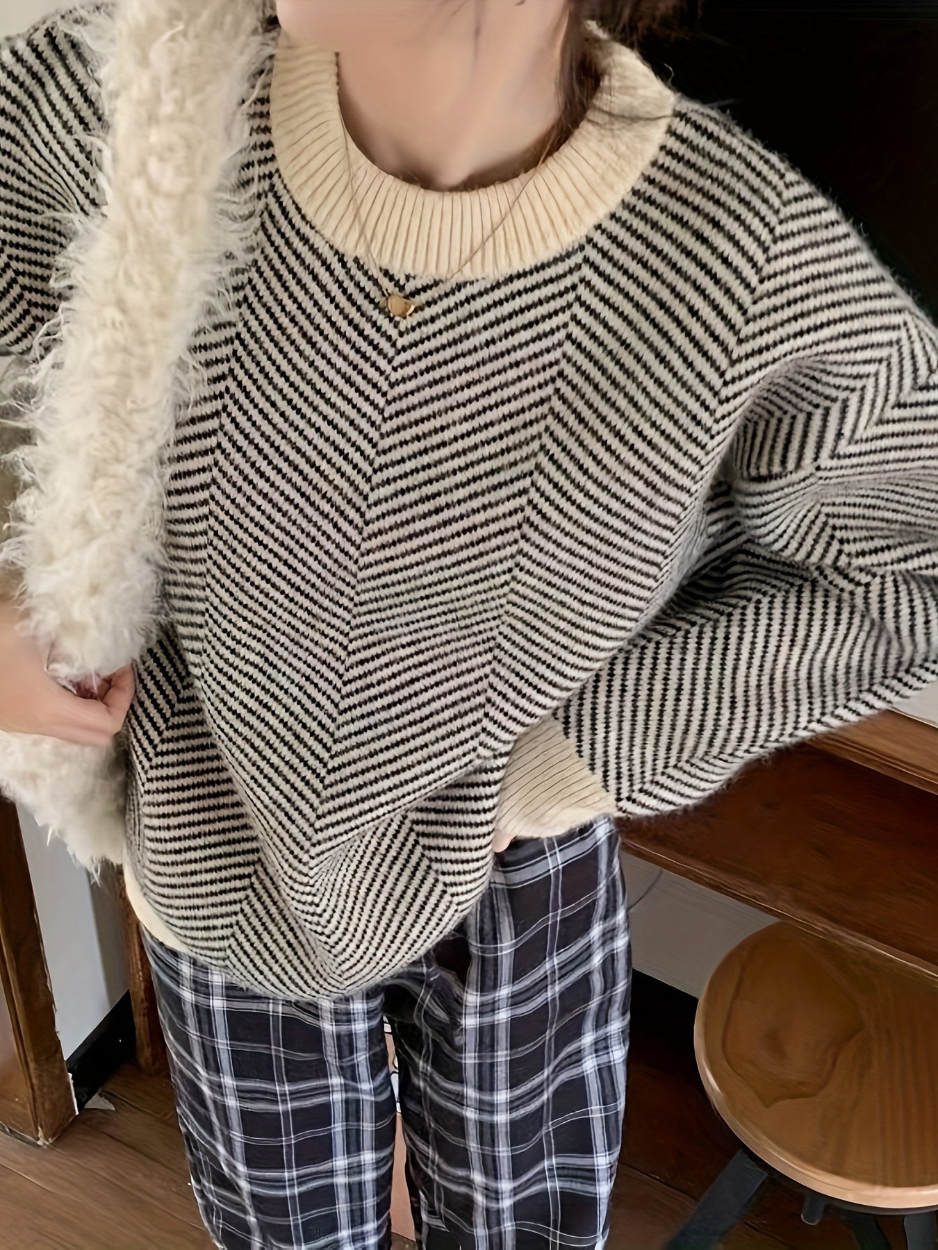 Sixsr Striped Crew Neck Pullover Sweater, Casual Long Sleeve Loose Sweater, Women's Clothing