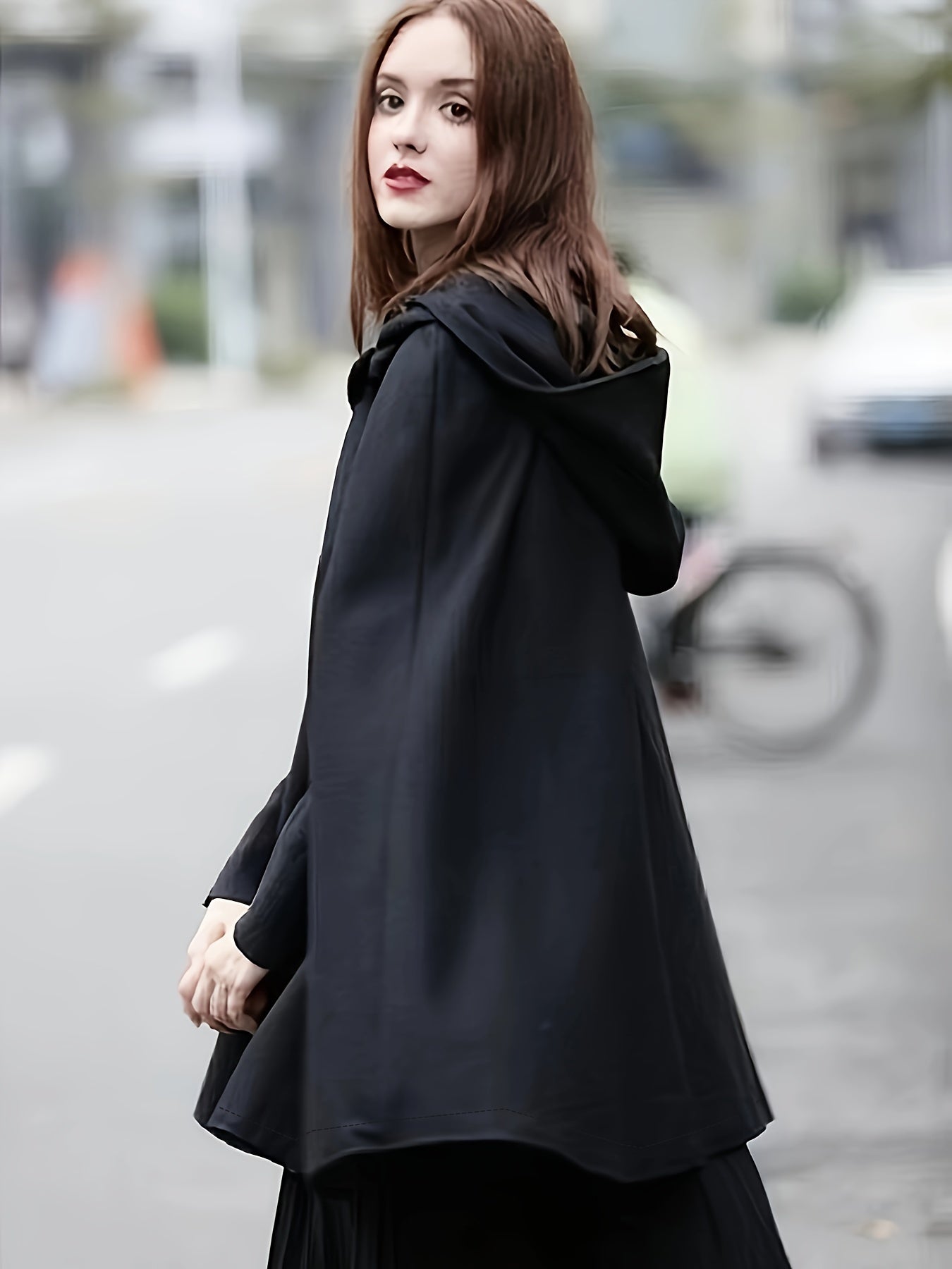 Sixsr Plus Size Elegant Coat, Women's Plus Solid Split Cape Sleeve Button Detail Hooded Shawl Coat