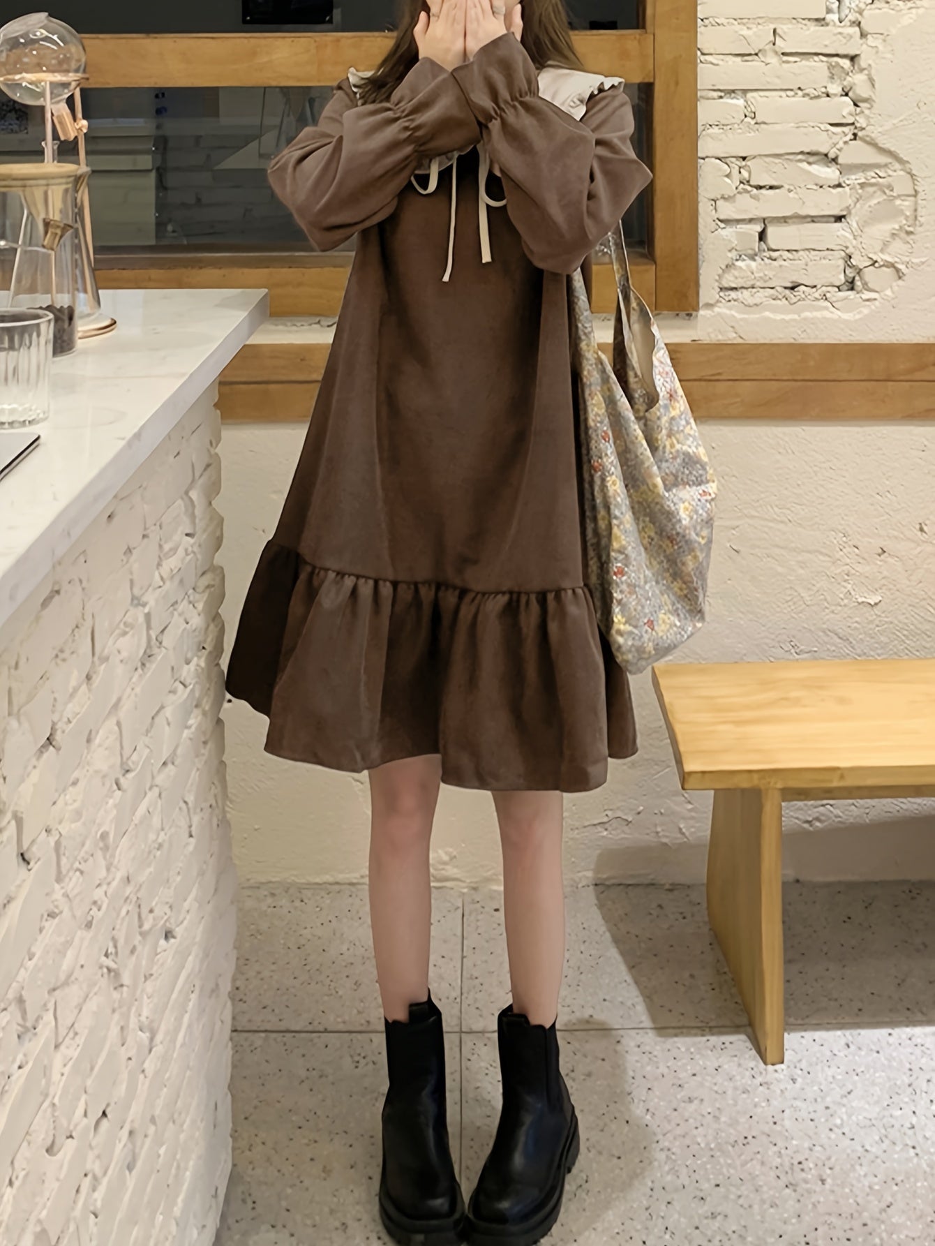 Sixsr Ruffle Trim Peter Pan Collar Dress, Casual Lantern Sleeve Loose Dress, Women's Clothing