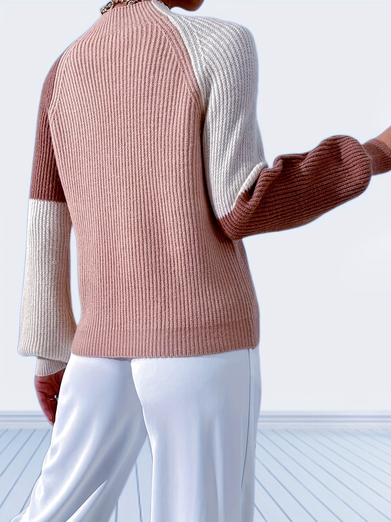 Sixsr Color Block Mock Neck Pullover Sweater, Casual Blouson Sleeve Sweater For Fall & Winter, Women's Clothing