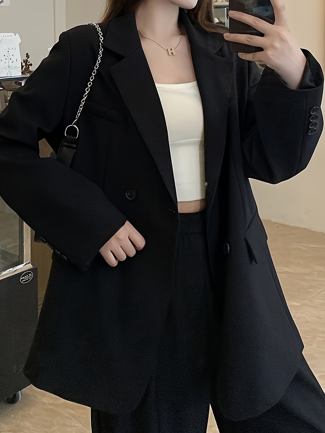 Sixsr Solid Elegant Two-piece Set, Double Breasted Lapel Blazer & Work Office Wide Leg Pants Outfits, Women's Clothing