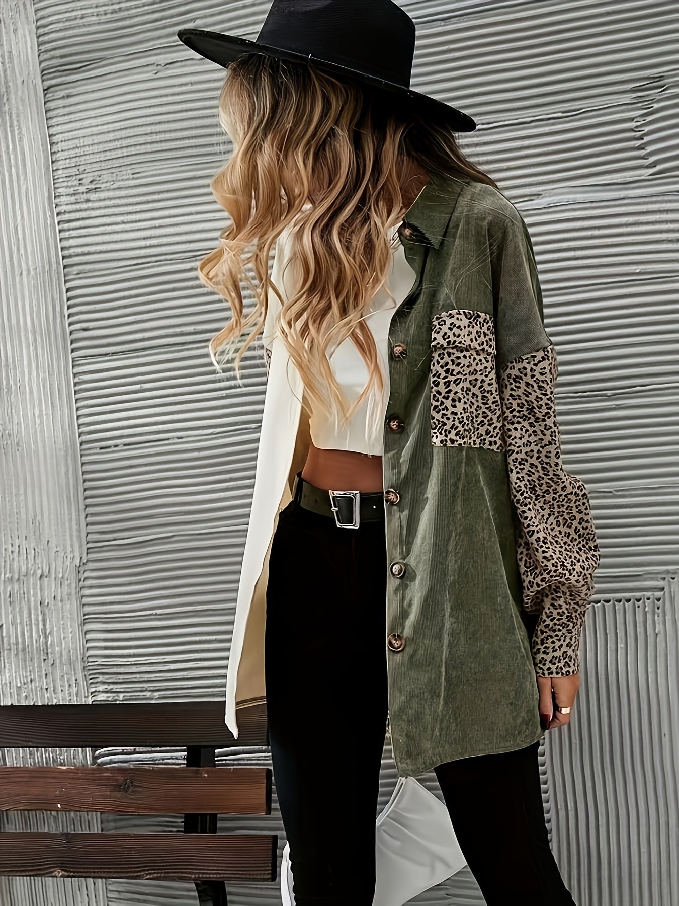 Sixsr Leopard Print Color Block Jacket, Casual Flap Pockets Lantern Sleeve Outwear For Spring & Fall, Women's Clothing