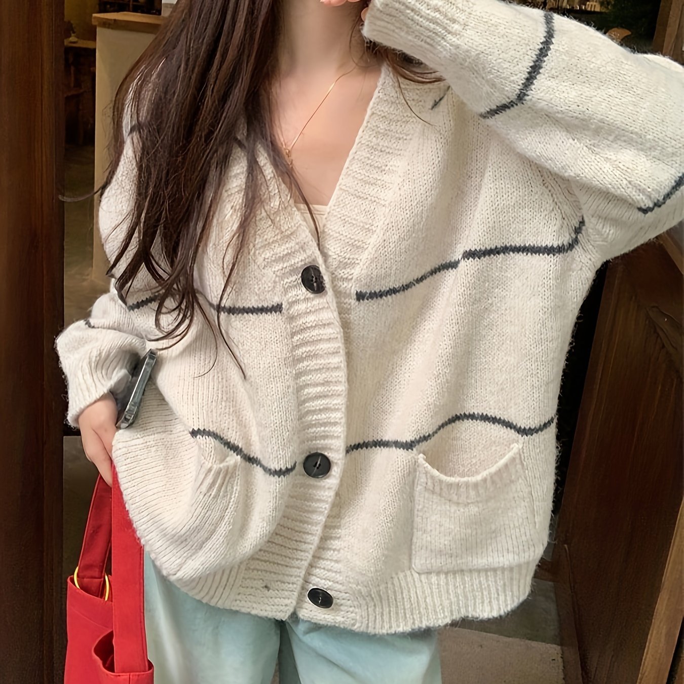 Sixsr Striped Button Front Cardigan, Casual Long Sleeve Drop Shoulder Outwear, Women's Clothing