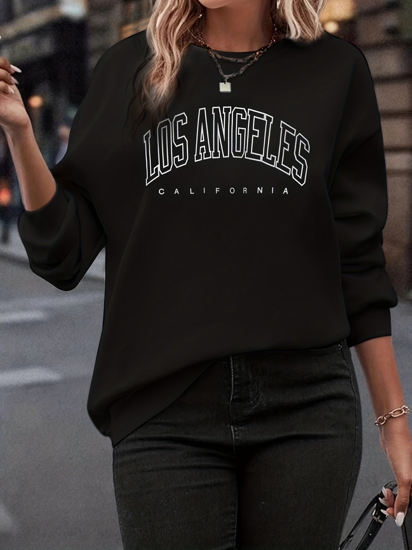 Sixsr Plus Size Casual Sweatshirt, Women's Plus Art Letter Print Long Sleeve Round Neck Slight Stretch Sweatshirt