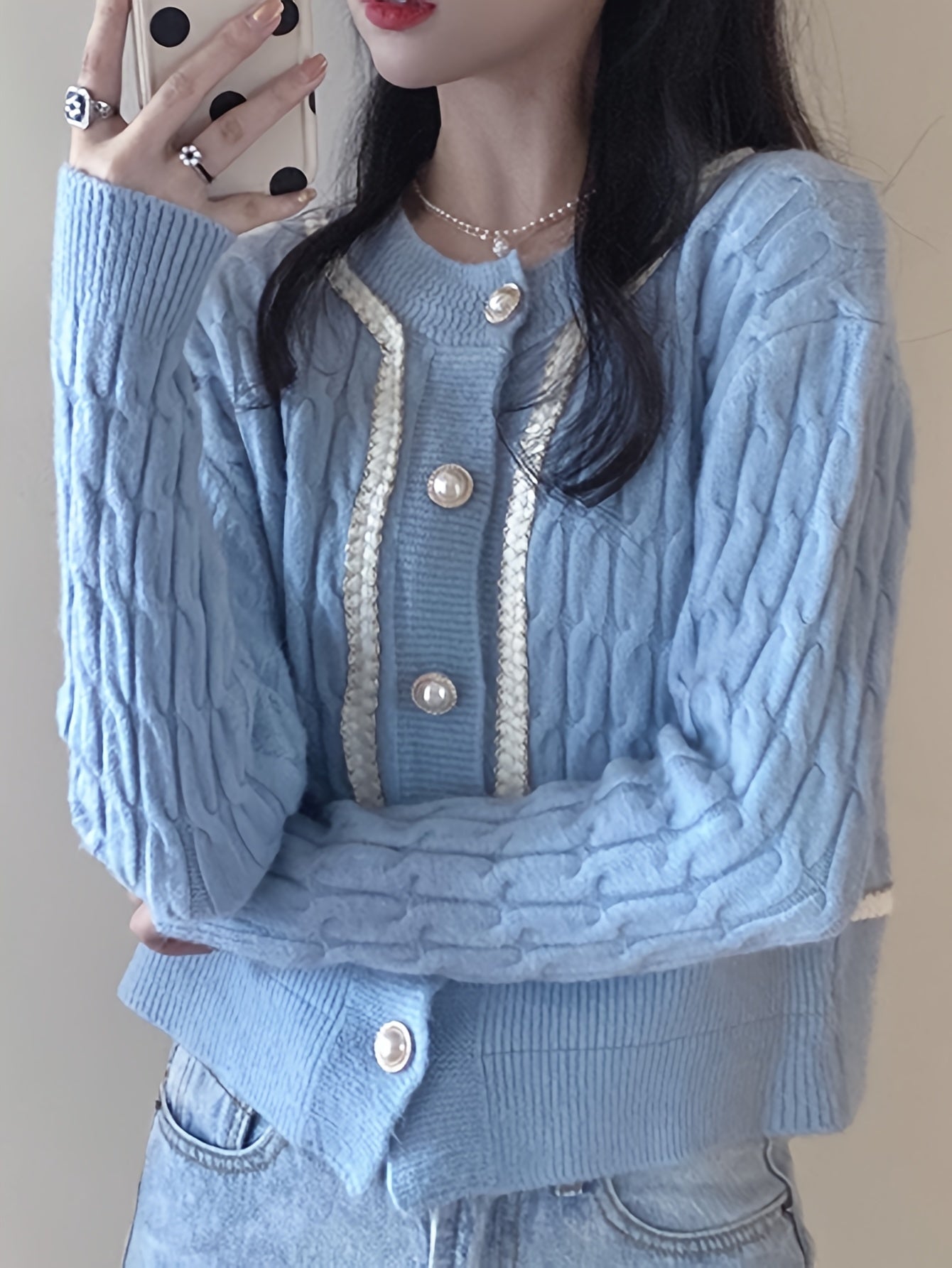 Sixsr Cable Knit Button Up Cardigan, Casual Crew Neck Long Sleeve Sweater, Women's Clothing