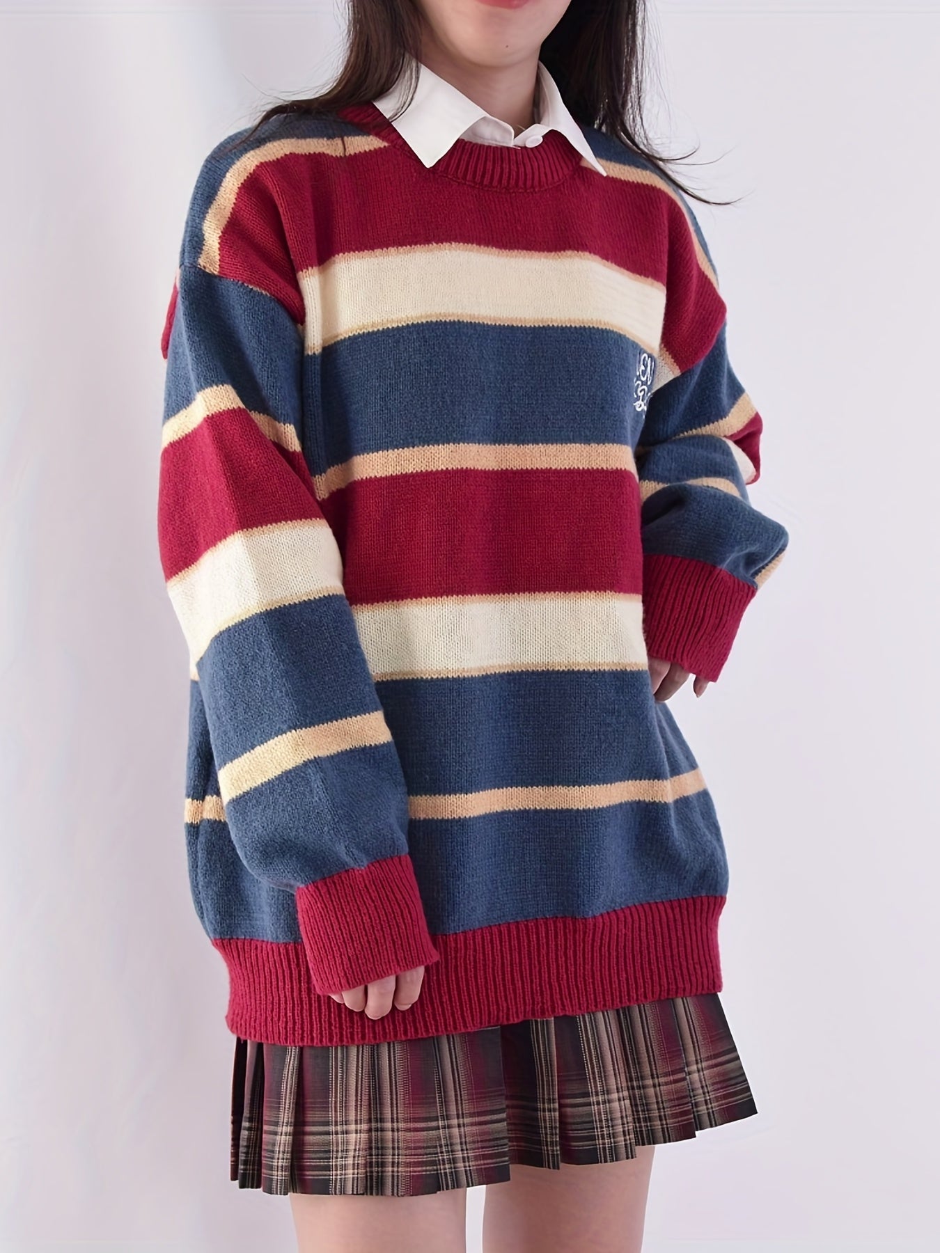 Sixsr Letter Embroidery Color Block Sweater, Casual Long Sleeve Sweater For Fall & Winter, Women's Clothing