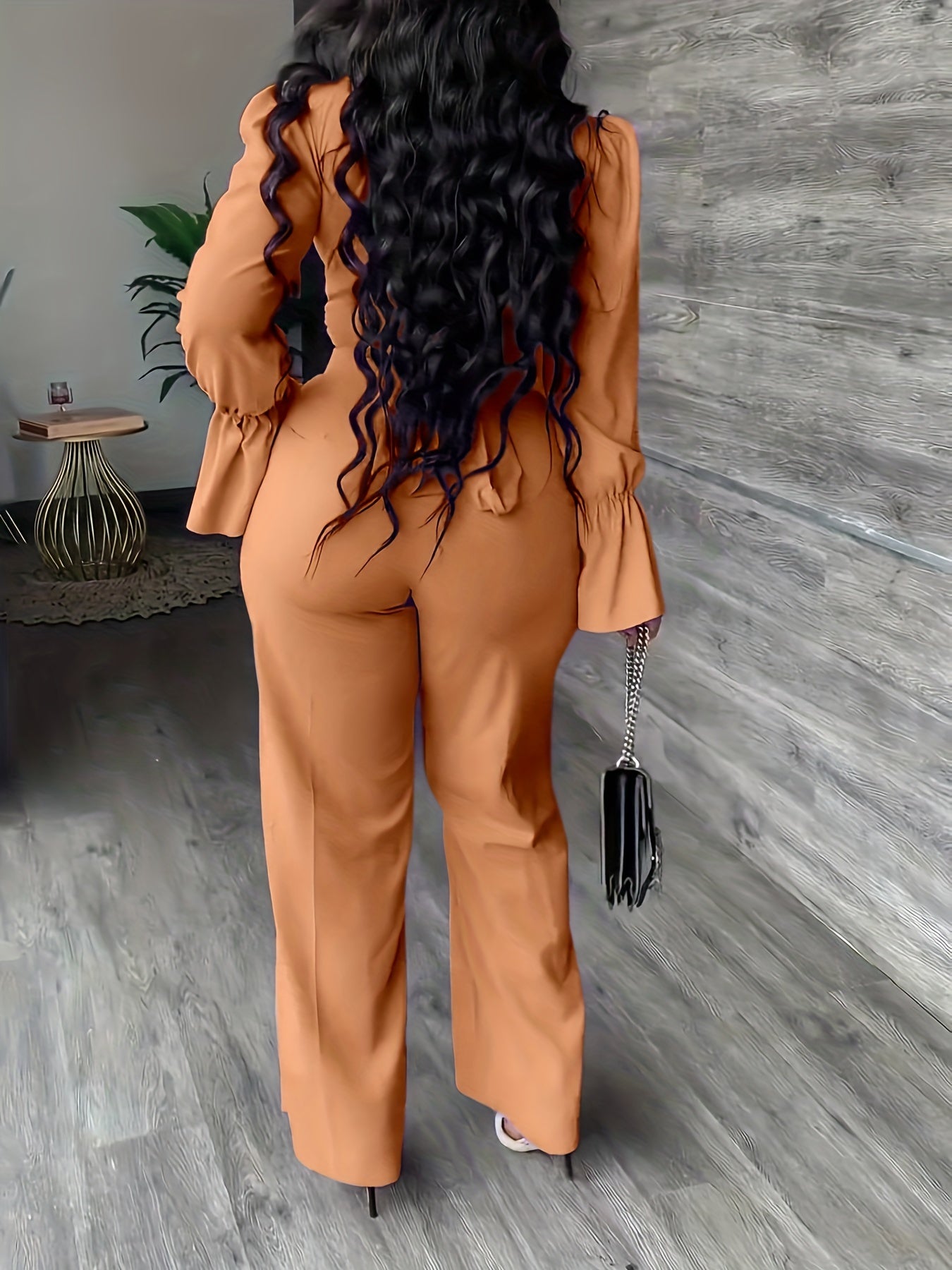 Sixsr Solid Casual Two-piece Set, Surplice Neck Long Sleeve Tops & High Waist Wide Leg Pants Outfits, Women's Clothing