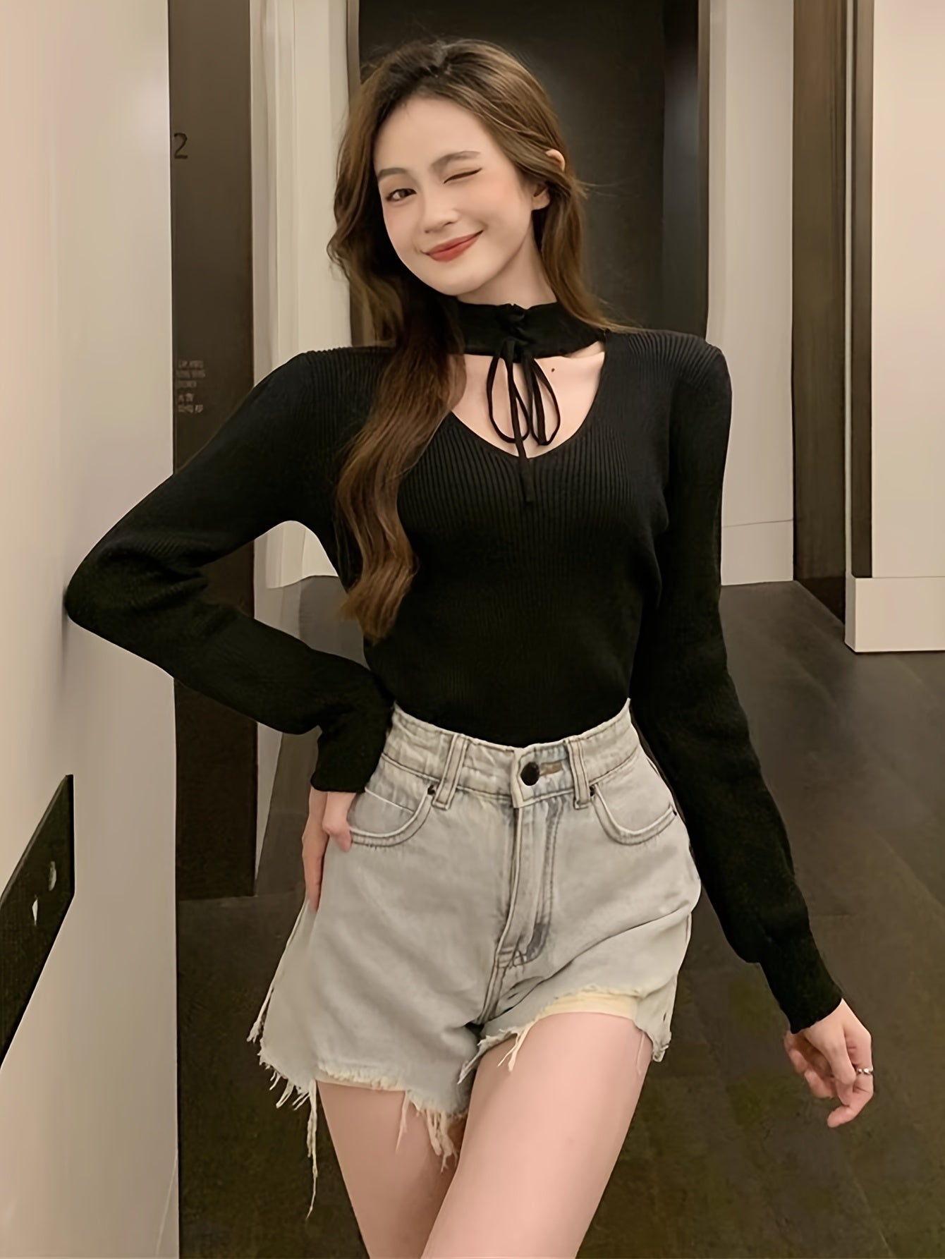 Sixsr Solid Lace Up Mock Neck Knit Sweater, Elegant Cut Out Long Sleeve Stylish Sweater, Women's Clothing