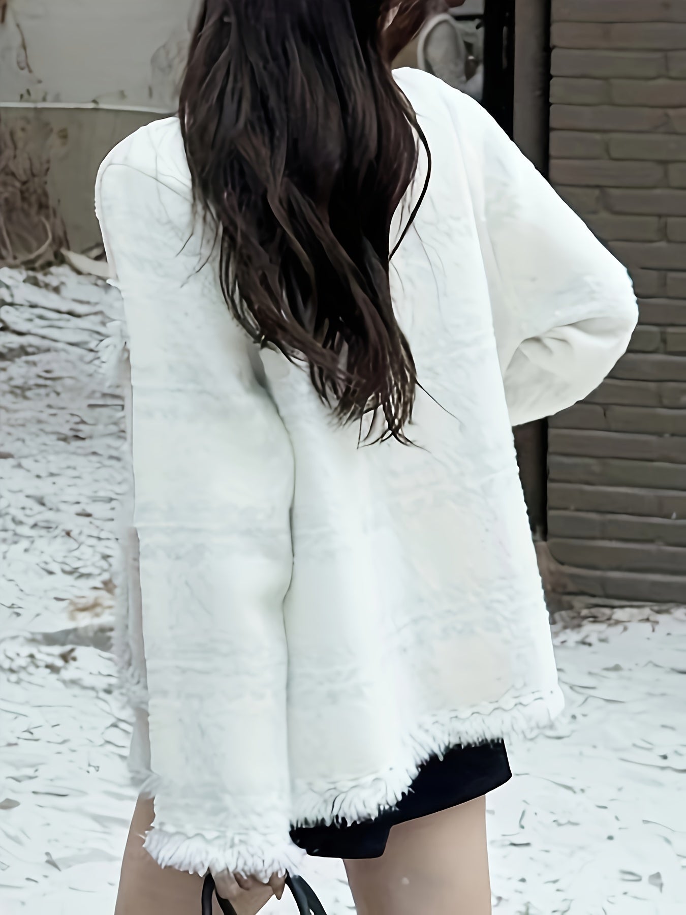 Sixsr Fringe Trim Button Front Coat, Chic Long Sleeve Dual Pockets Cardigan For Fall & Winter, Women's Clothing