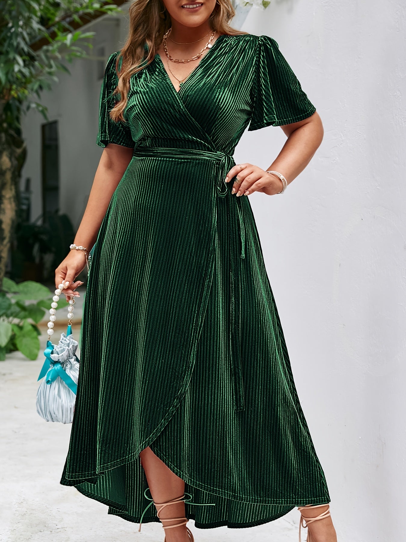 Sixsr Plus Size Velvet V Neck Short Sleeve High Split Maxi Dress, Women's Plus Medium Stretch Elegant Long Wrap Dress