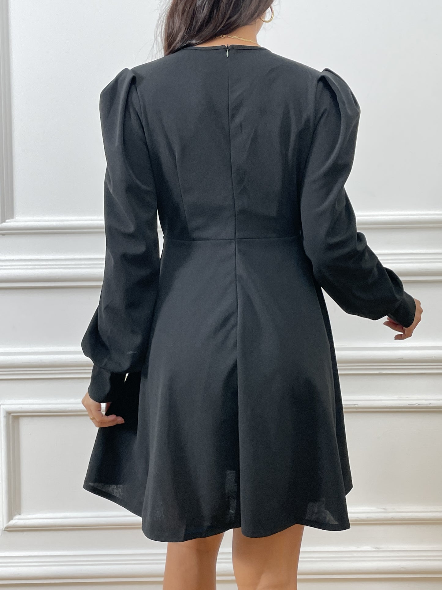 Sixsr Deep V Neck Black Dress, Elegant Long Puff Sleeve Dress, Women's Clothing