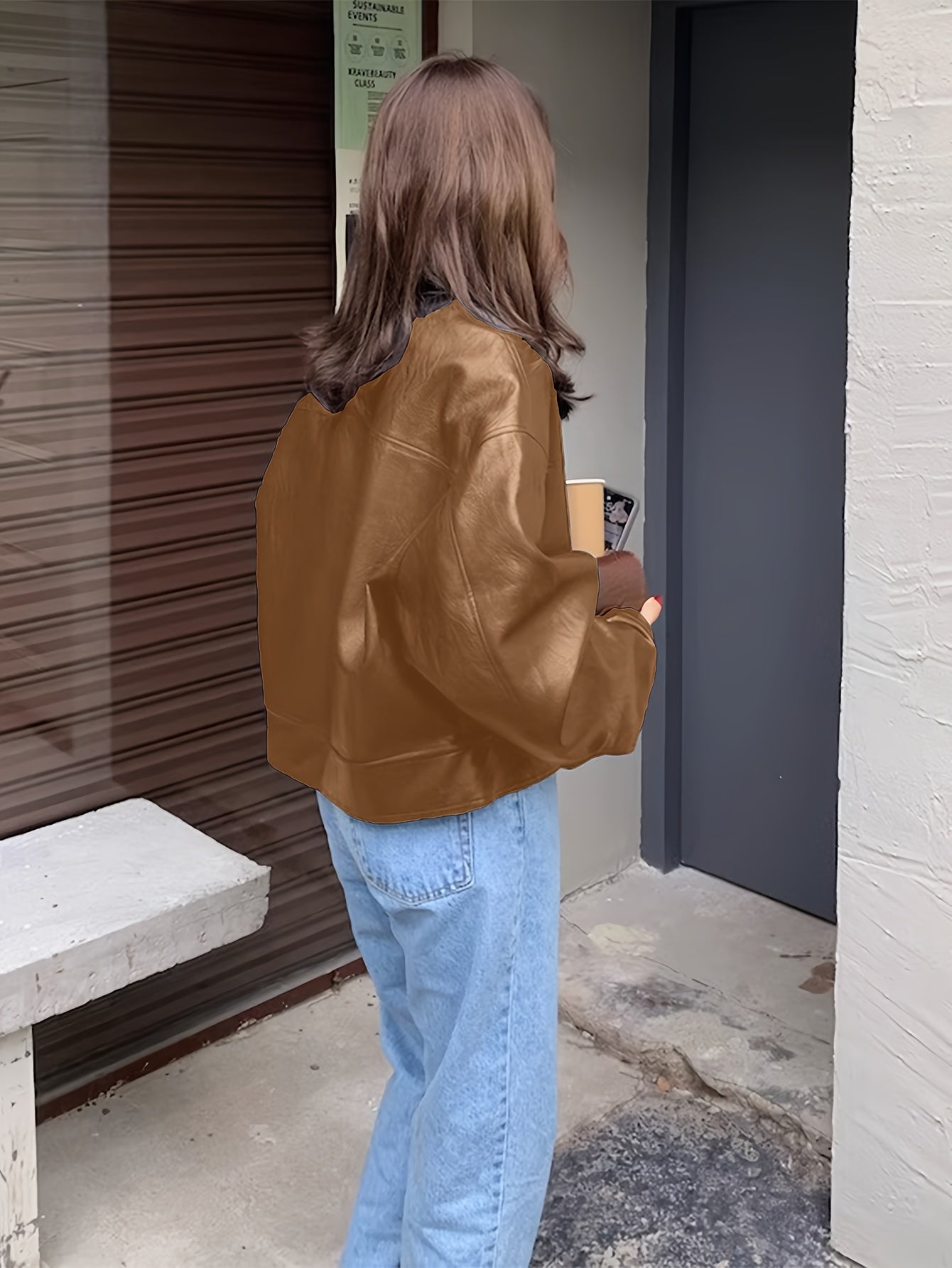 Sixsr Solid Faux Leather Vintage Jacket, Long Sleeve Single Breasted Outwear For Fall & Winter, Women's Clothing