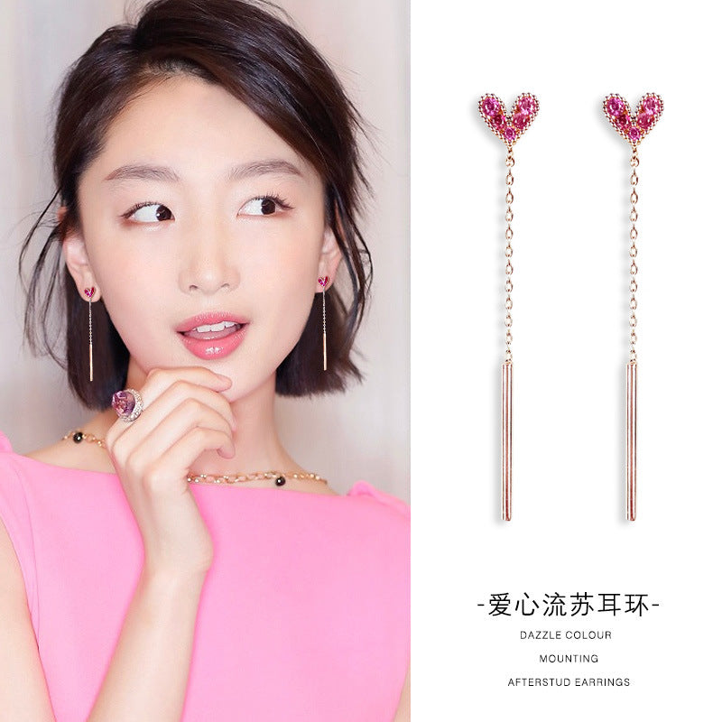 2025 South Korea Dongdaemun temperament Internet celebrity girl heart sweet long personality earrings silver needle simple earrings love studs