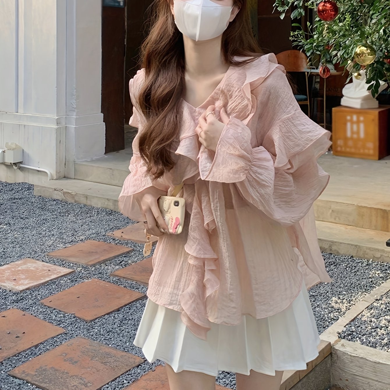 Sixsr Solid Ruffle Trim V-neck Blouse, Elegant Long Sleeve Blouse For Spring & Fall, Women's Clothing