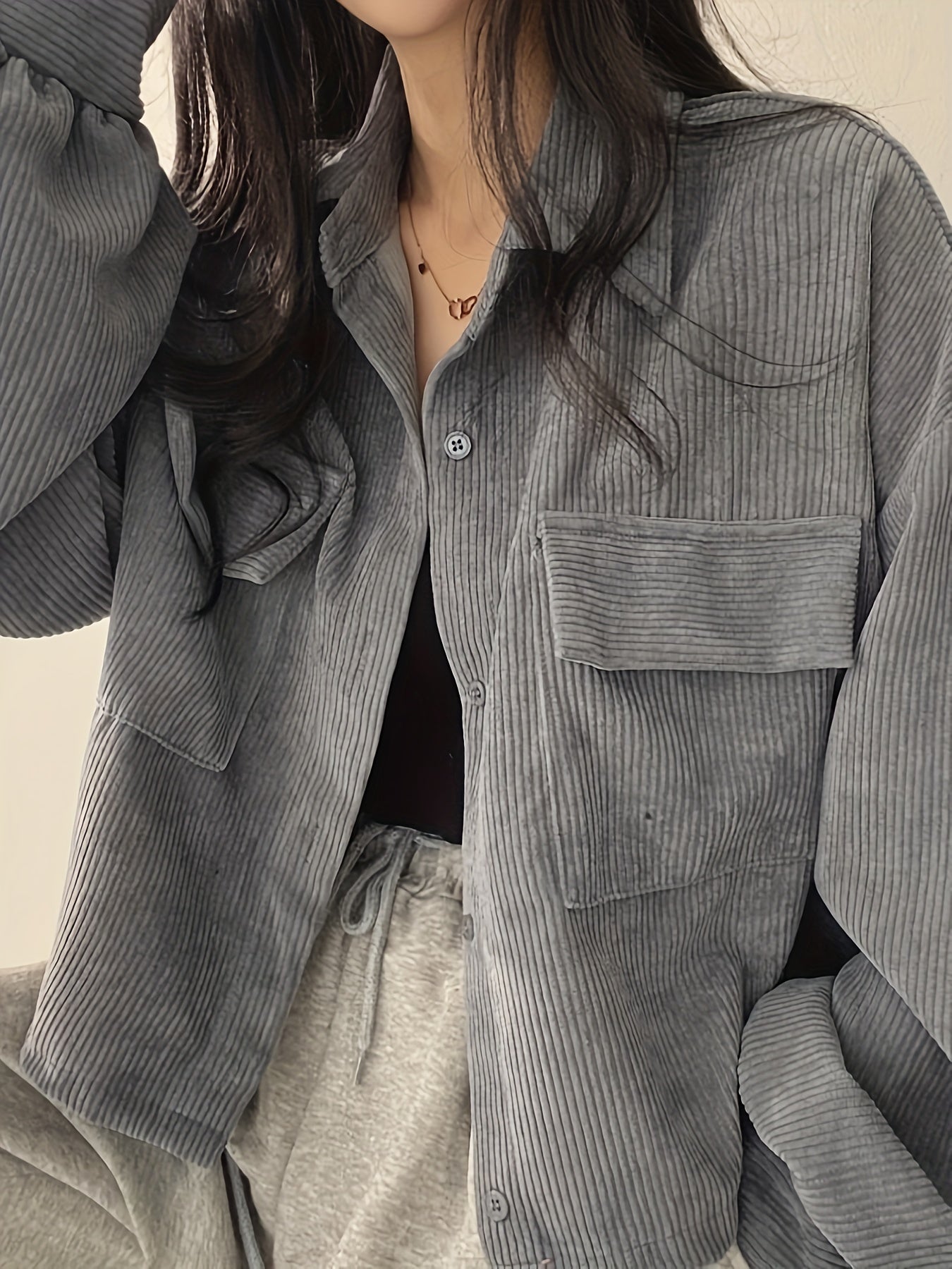 Sixsr Button Front Flap Pockets Jacket, Casual Long Sleeve Jacket For Fall & Winter, Women's Clothing