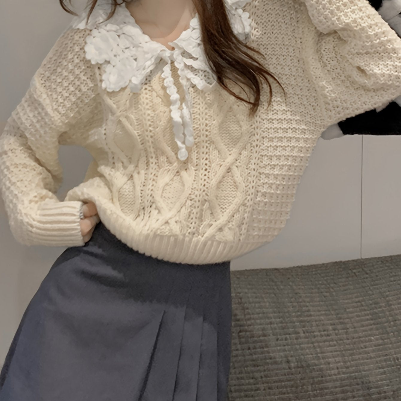 Sixsr Geo Pattern Peter Pan Collar Sweater, Sweet Long Sleeve Sweater For Fall & Winter, Women's Clothing