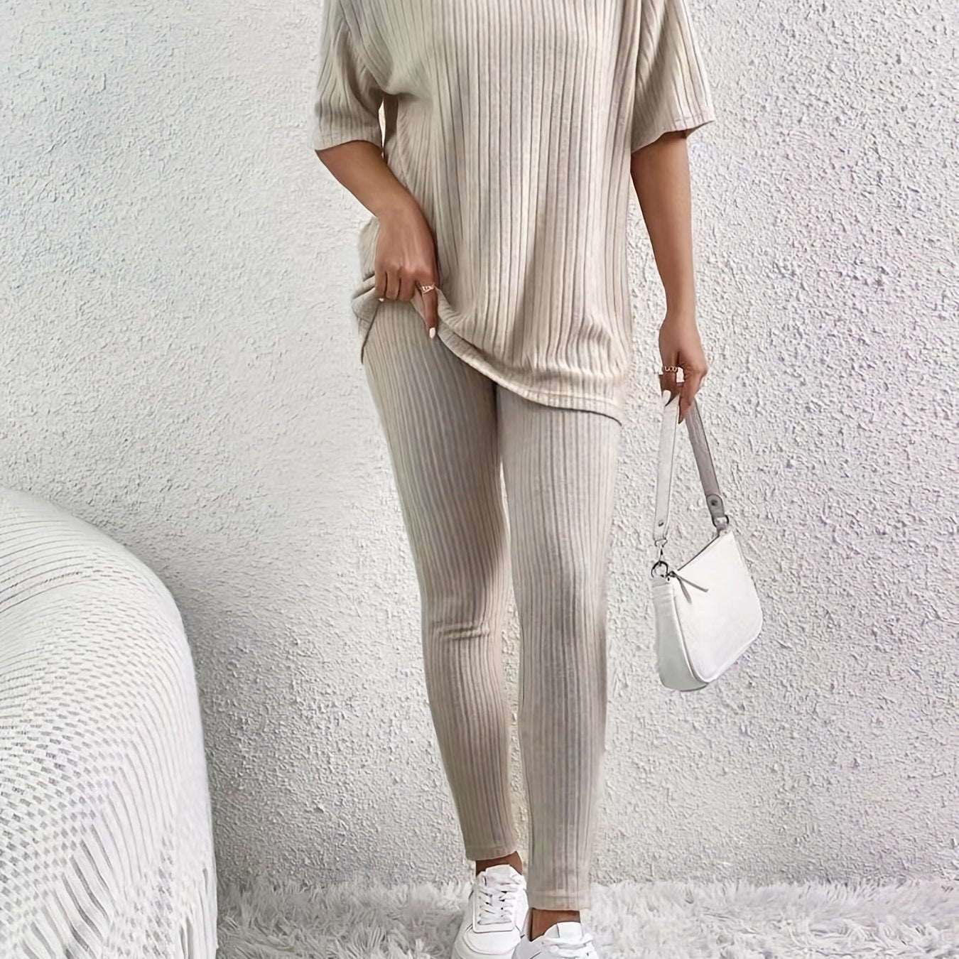 Sixsr Casual Solid Two-piece Set, Drop Shoulder T-shirt & Slim Pants Outfits, Women's Clothing