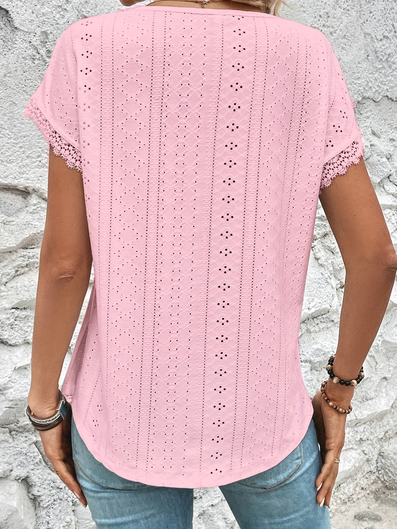 Sixsr Lace Trim Eyelet Blouse, V Neck Loose Casual Top For Spring & Summer, Women's Clothing