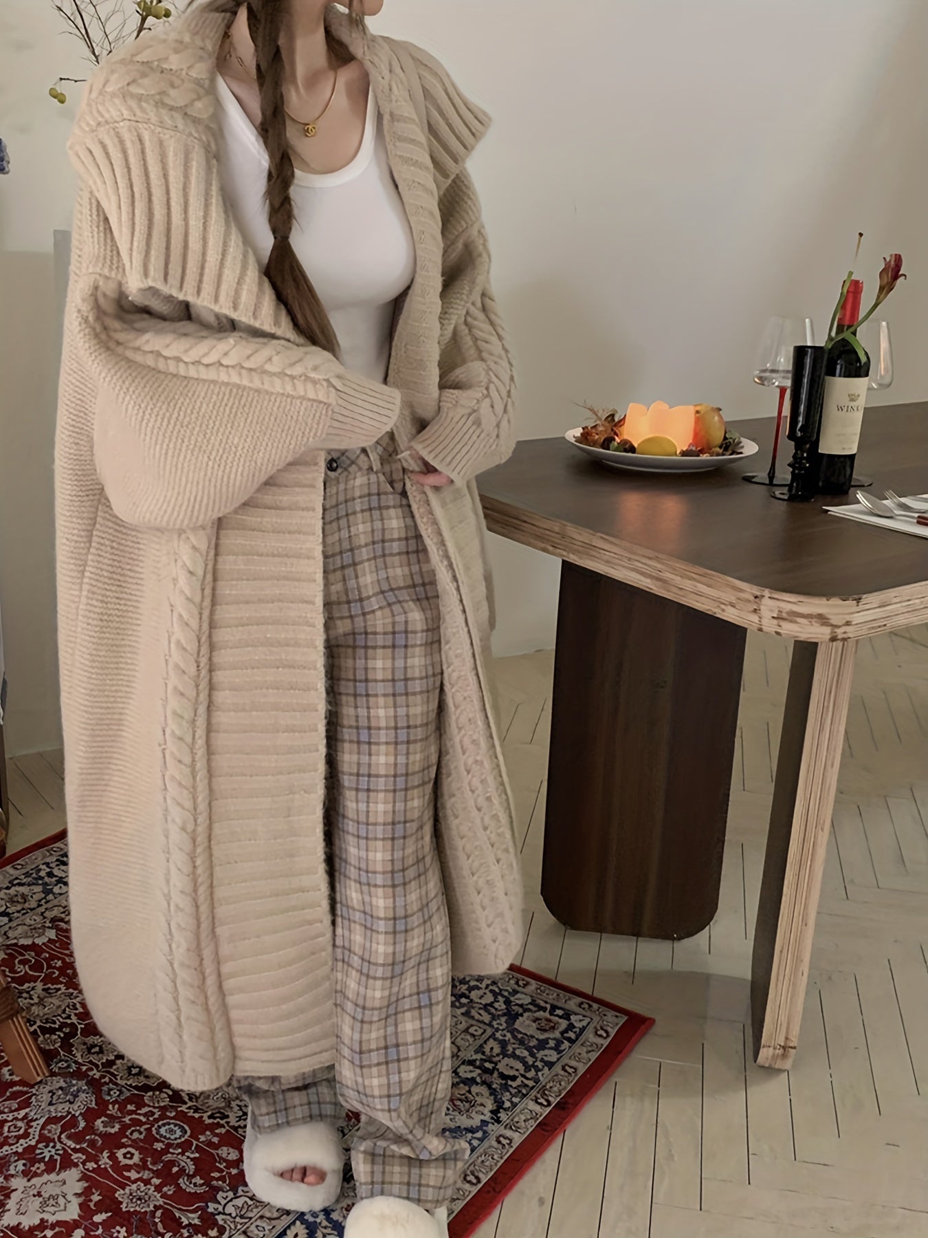 Sixsr Solid Open Front Collared Knit Cardigan, Elegant Long Sleeve Long Length Sweater Coat, Women's Clothing