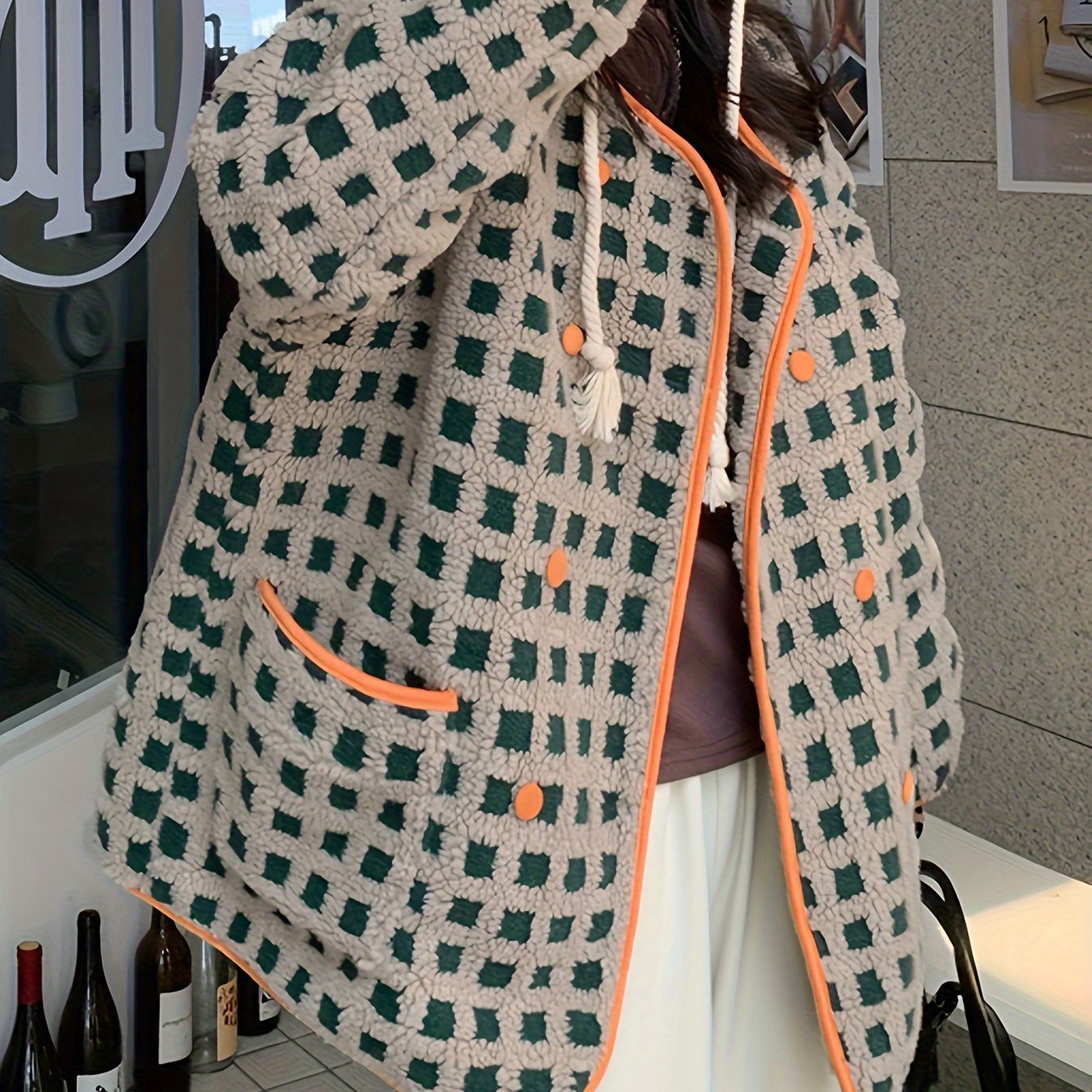 Sixsr Plaid Pattern Button Front Faux Fur Coat, Casual Long Sleeve Outwear For Fall & Winter, Women's Clothing