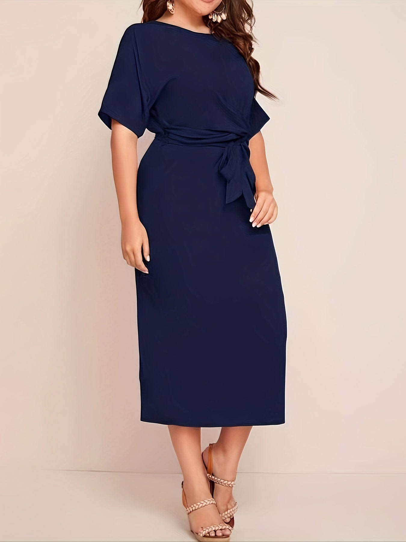 Sixsr Solid Tie Waist Elegant Dress, Half Sleeve Slim Dress For Spring & Fall, Women's Clothing