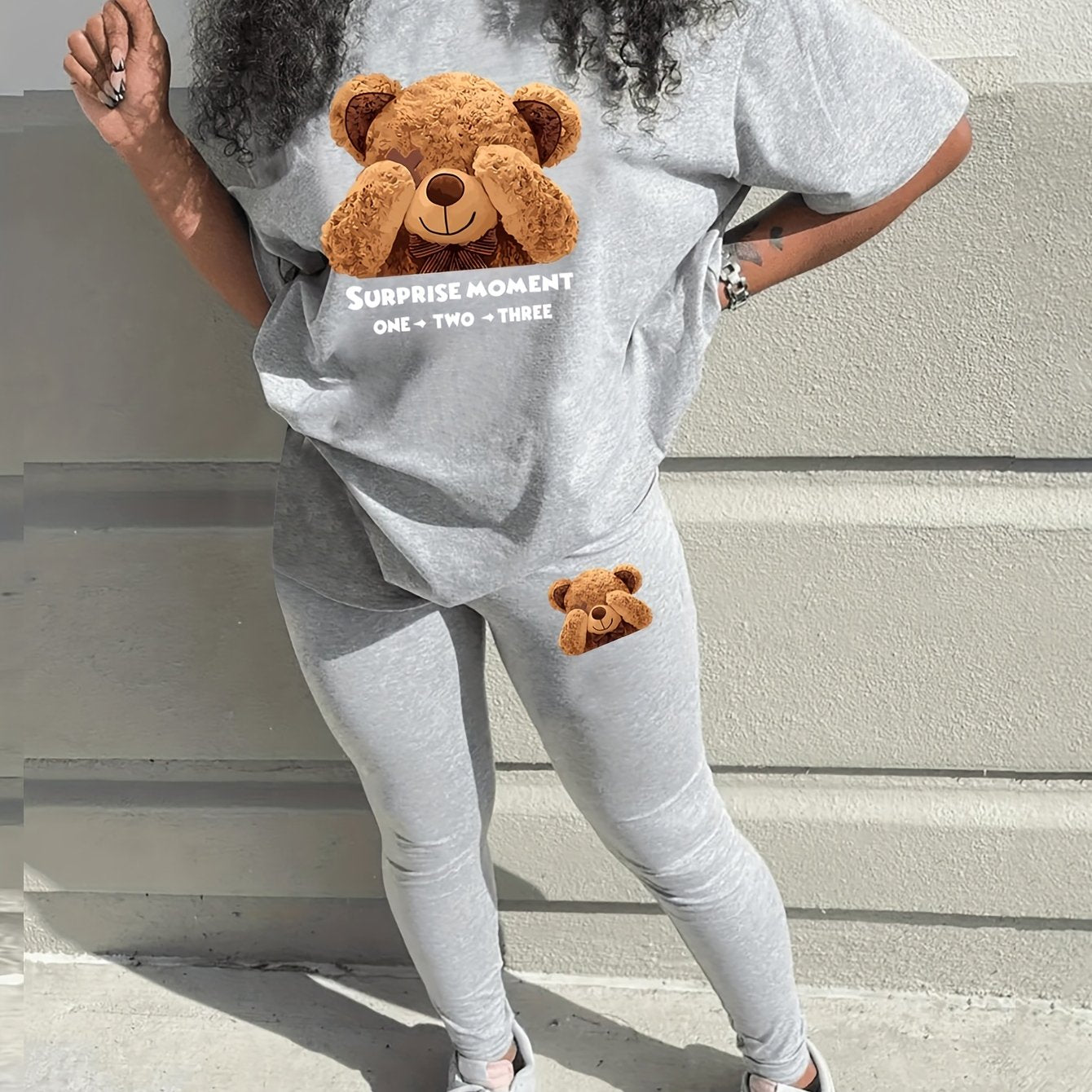 Sixsr Teddy Bear Print Two Piece Set, Short Sleeve T-Shirt & Pants, Women's Clothing