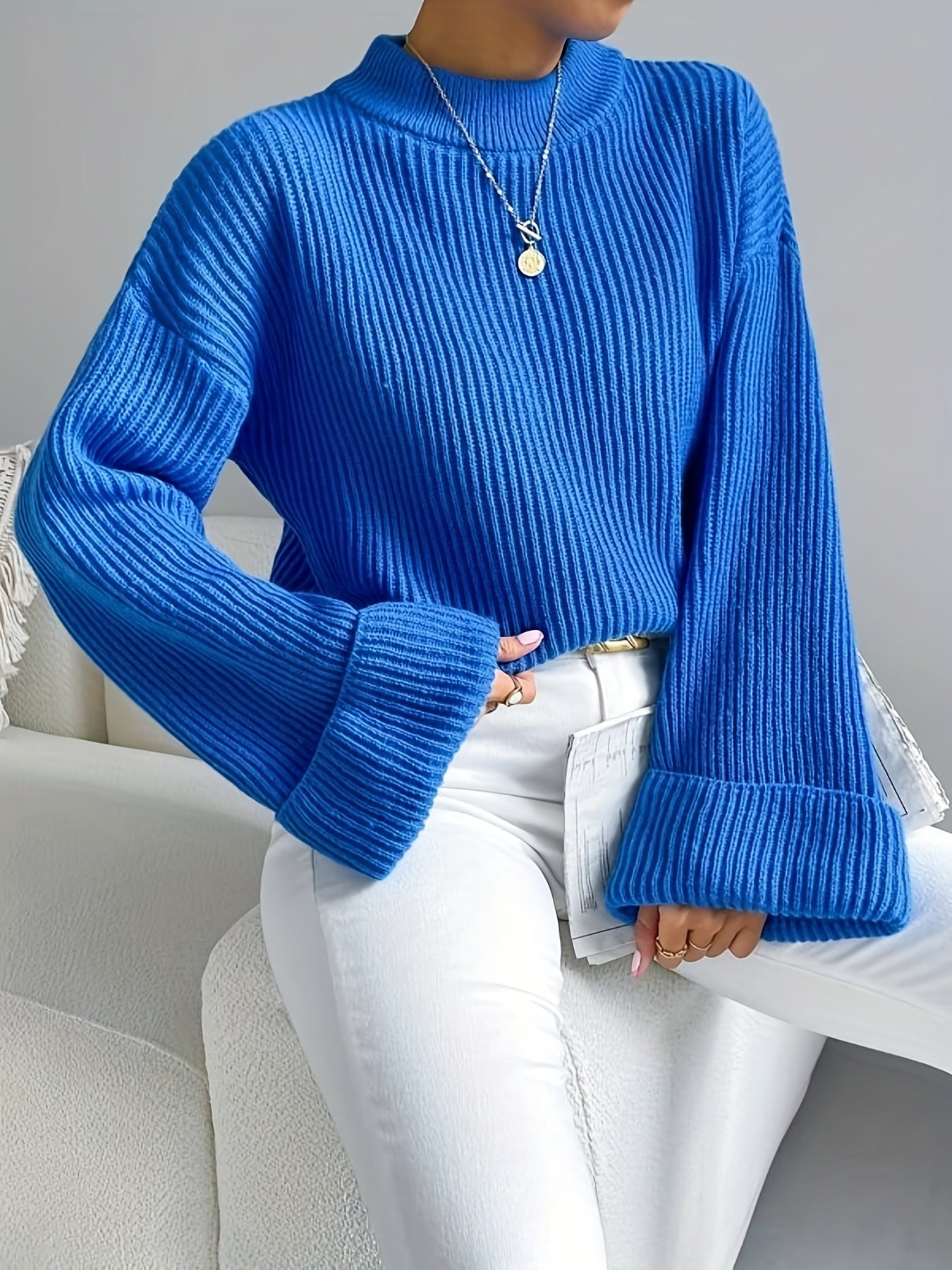 Sixsr Solid Mock Neck Pullover Sweater, Casual Long Sleeve Drop Shoulder Sweater For Fall & Winter, Women's Clothing