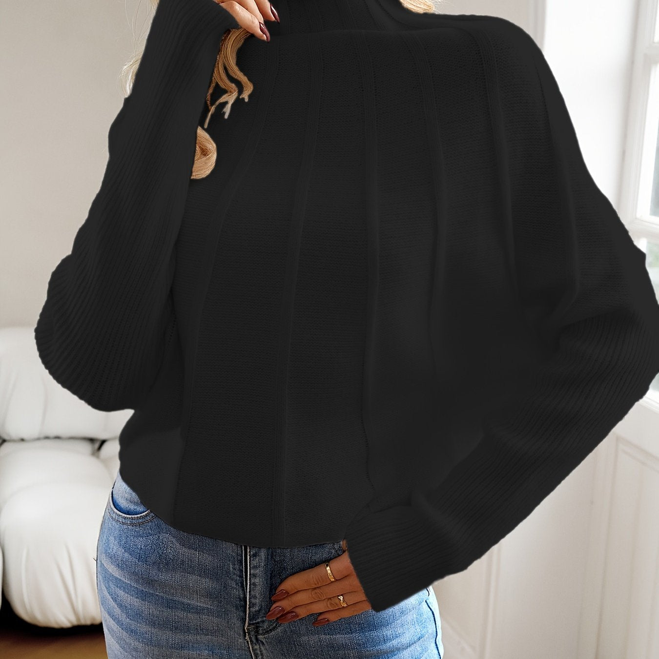 Sixsr Mock Neck Batwing Sleeve Sweater, Elegant Solid Loose Sweater For Fall & Winter, Women's Clothing