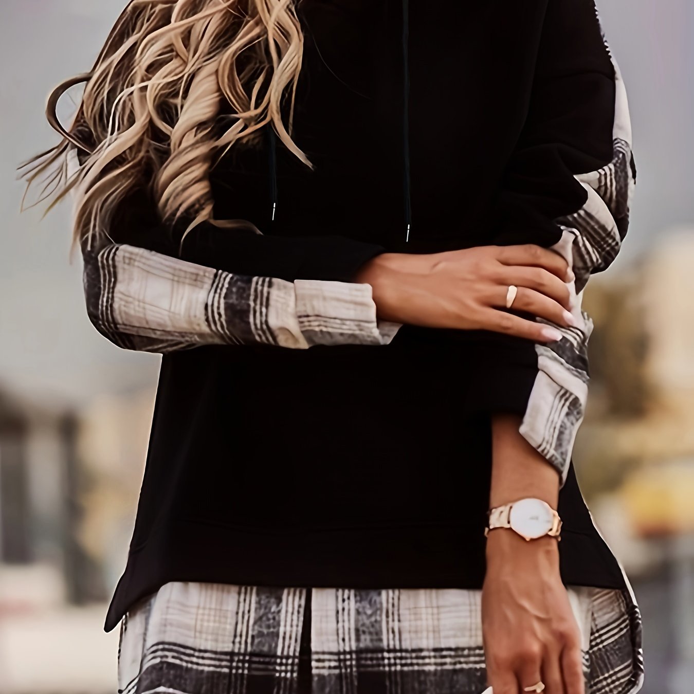 Sixsr Plus Size Casual Hoodie, Women's Plus Plaid Print Long Sleeve Drawstring Sweatshirt