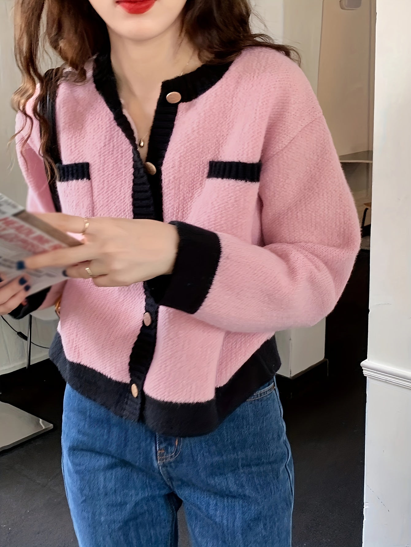 Sixsr Contrast Trim Knitted Cardigan, Elegant Button Front Long Sleeve Cardigan, Women's Clothing
