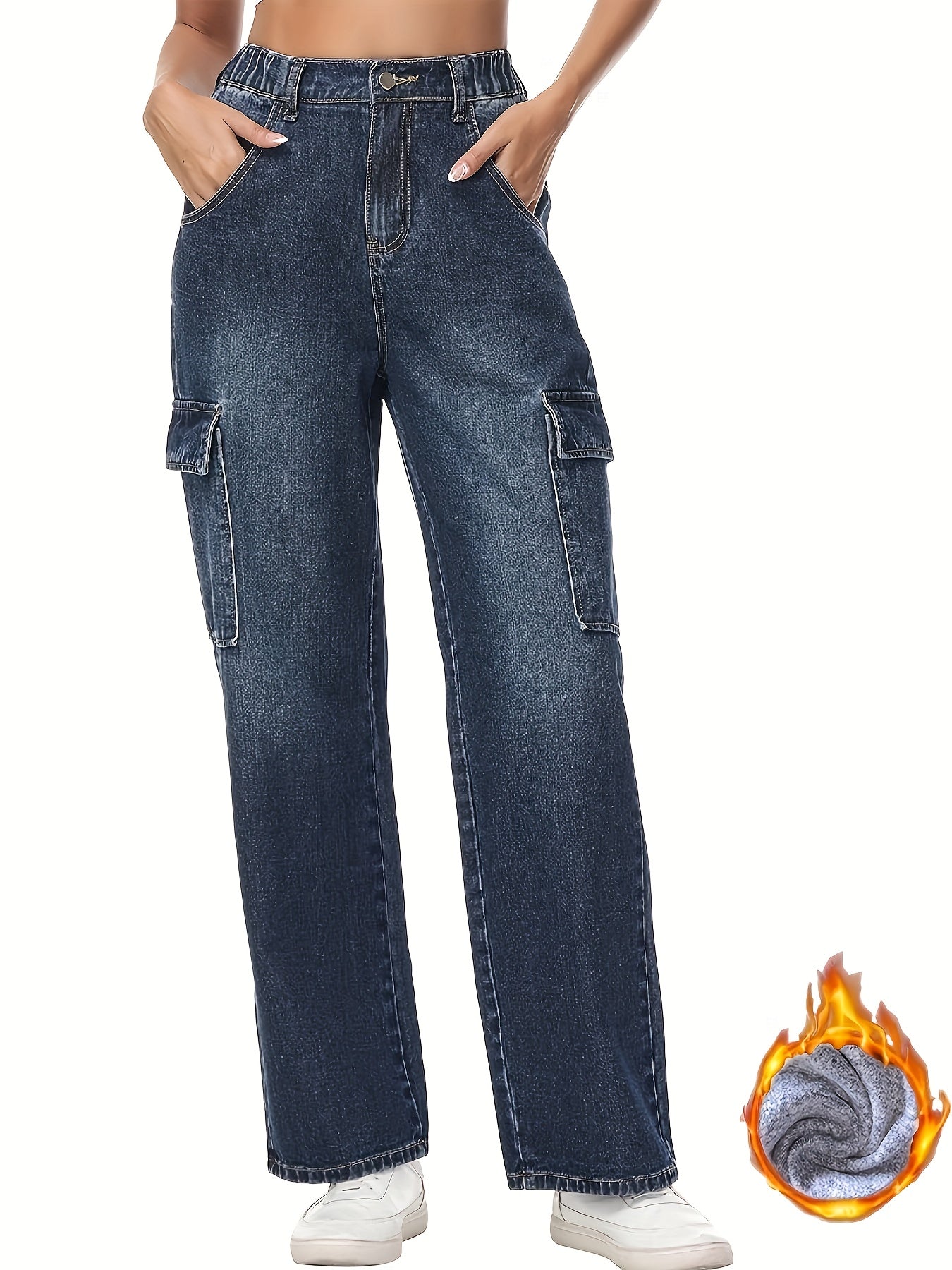 Sixsr Plush Lined Washed Straight Jeans, Flap Pockets Loose Fit Elastic Waist Cargo Pants, Women's Denim Jeans & Clothing