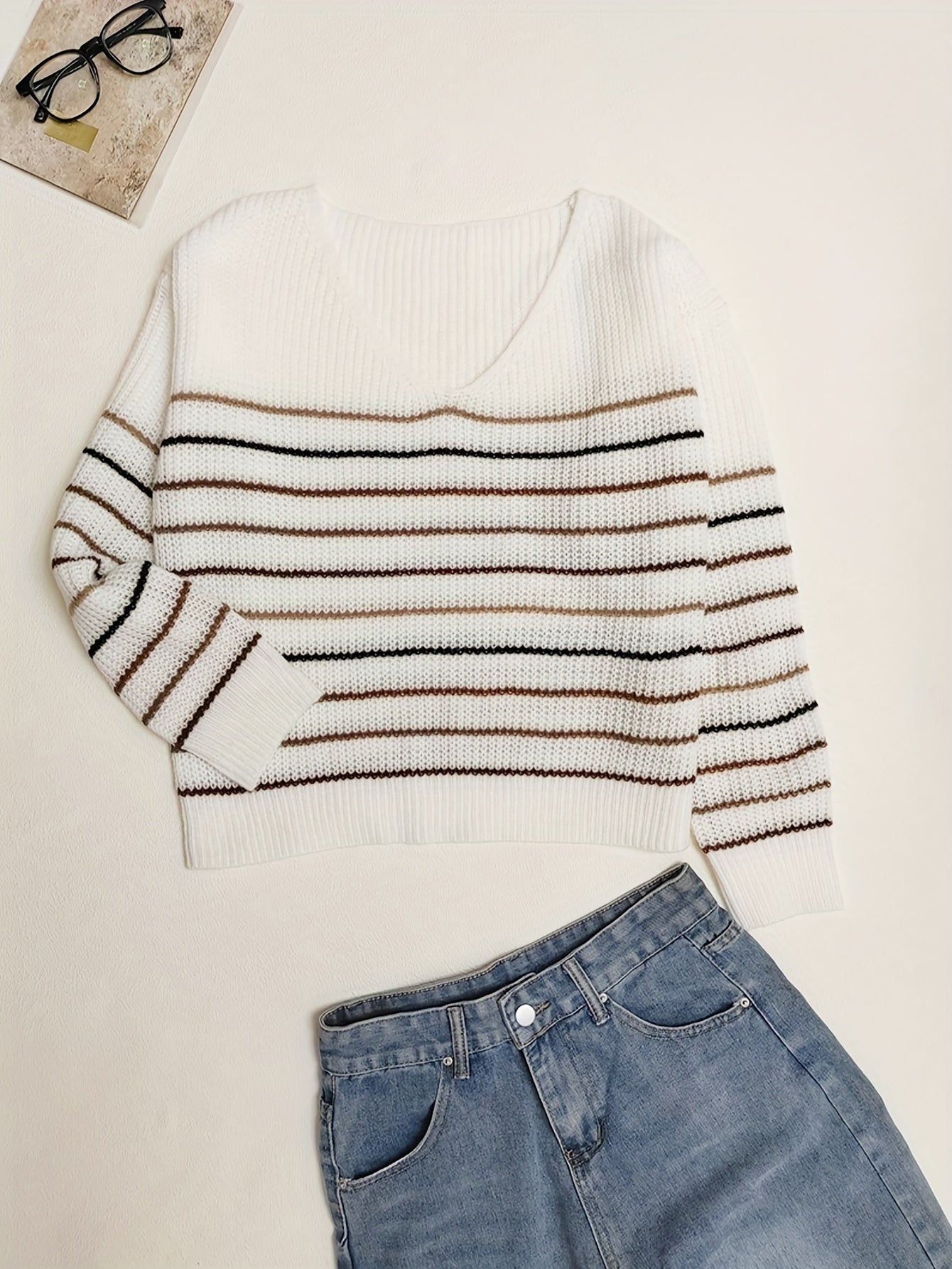 Sixsr Striped Print Knit Sweater, Casual V Neck Long Sleeve Sweater, Women's Clothing